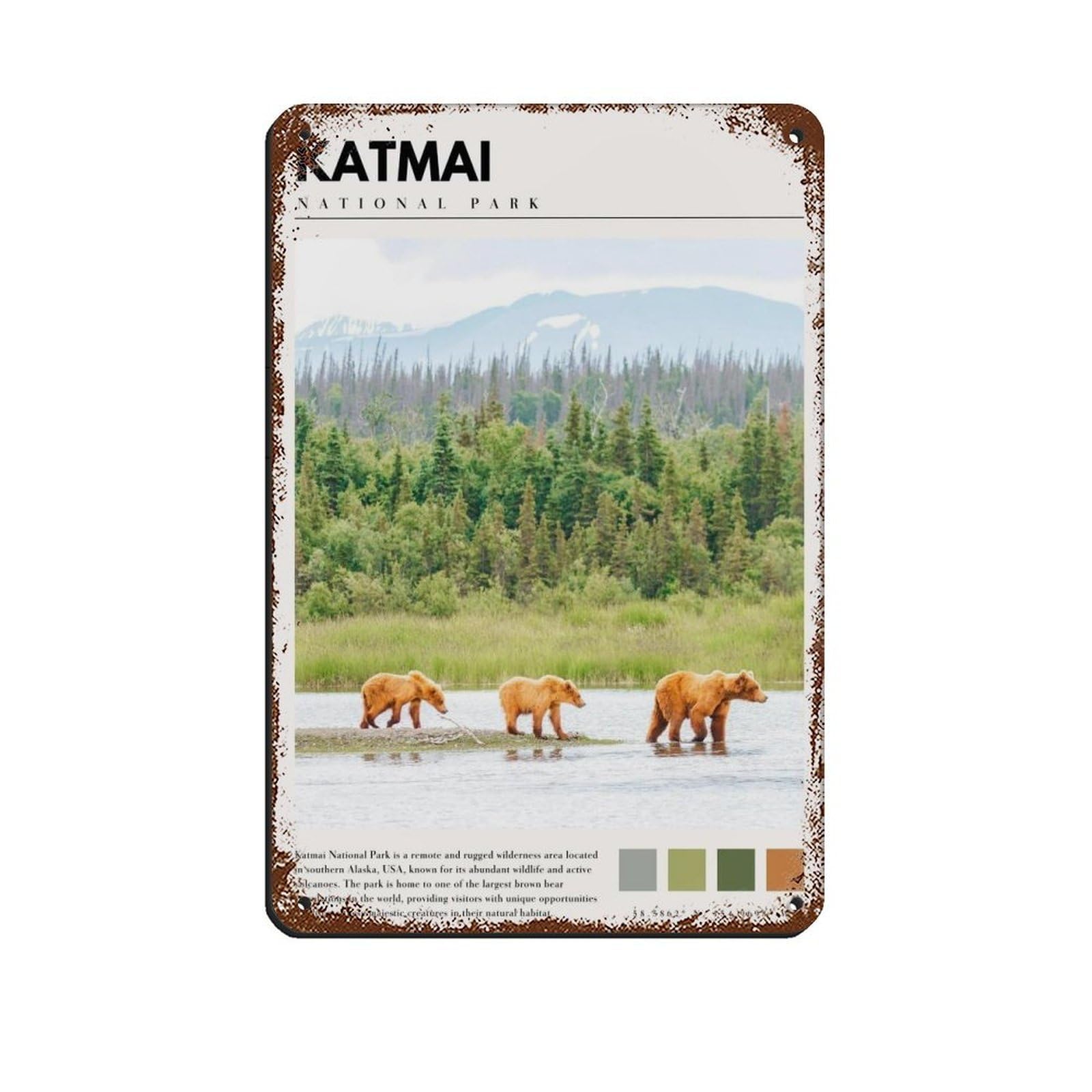 Katmai National Park Poster Katmai Alaska Bear Retro Poster Metal Tin Sign Chic Art Retro Iron Painting Bar People Cave Cafe Family Garage Poster Wall Decoration 8x12inch(20x30cm)