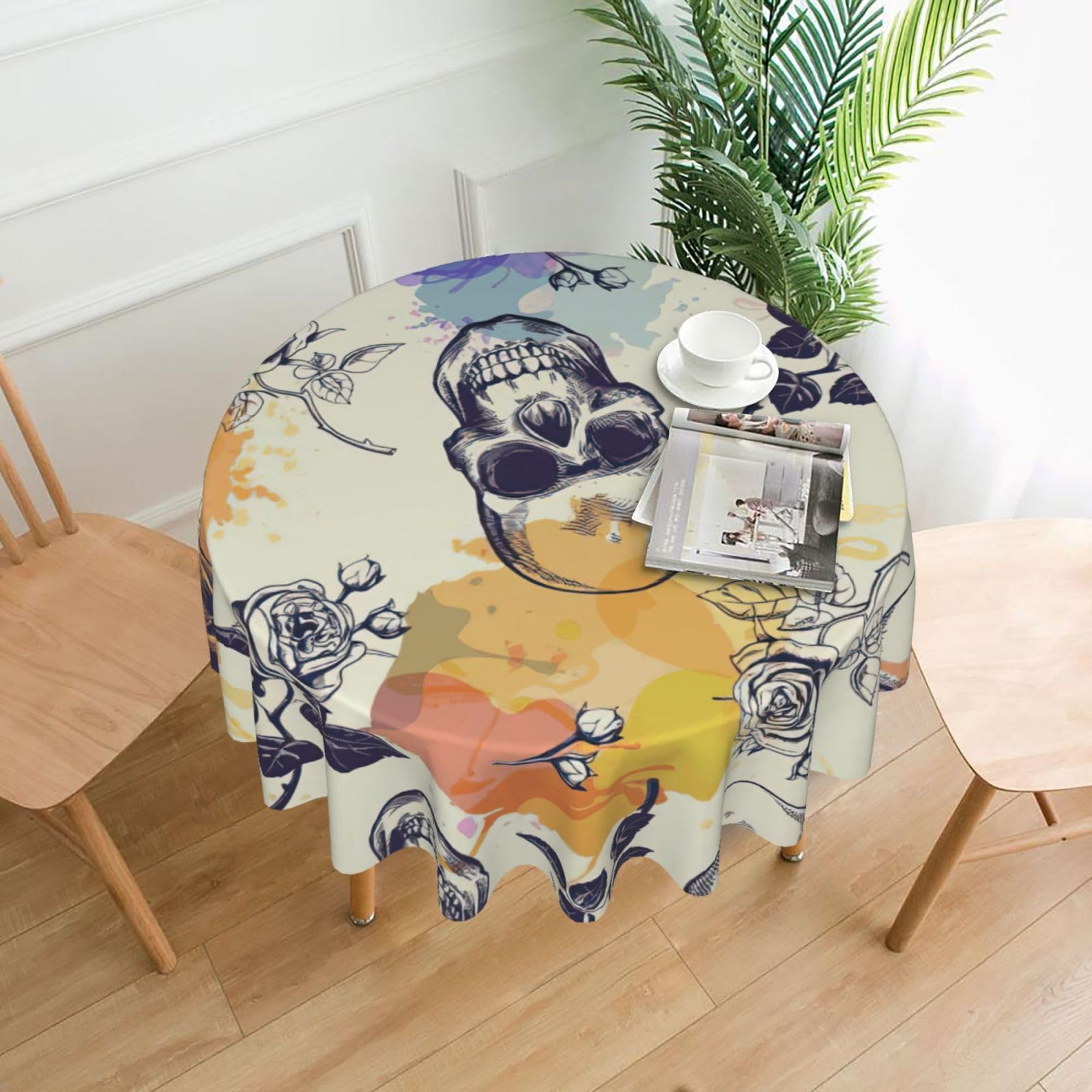 Uusnwaa Skull Flower Print Round Tablecloth 60 Inch, Stain Wrinkle Resistant Washable Polyester Table Cover For Kitchen Party