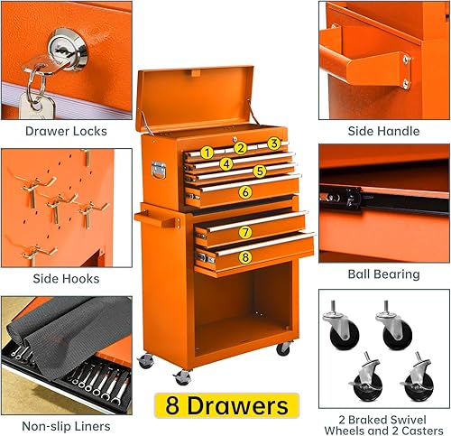 Miniatura 4 de Caja de herramientas rodantes de 8 cajones caja de herramientas de alta capacidad con ruedas caja superior portátil extraíble con cerradura