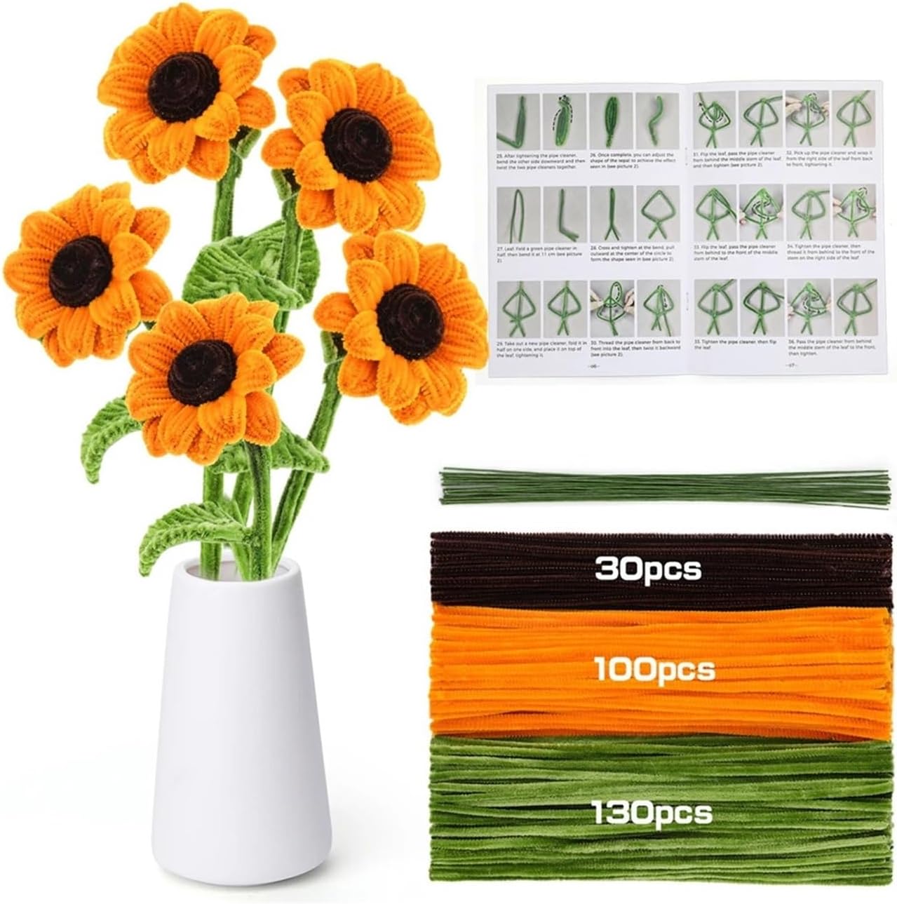 Pipe Cleaner Flower Kits Sunflowers Kit Chenille Stems Rod Wool Root Fluffy Twist Sticks Plush DIY Craft Supplies Toys Home Decoration(5 Flowers(no Bottle))