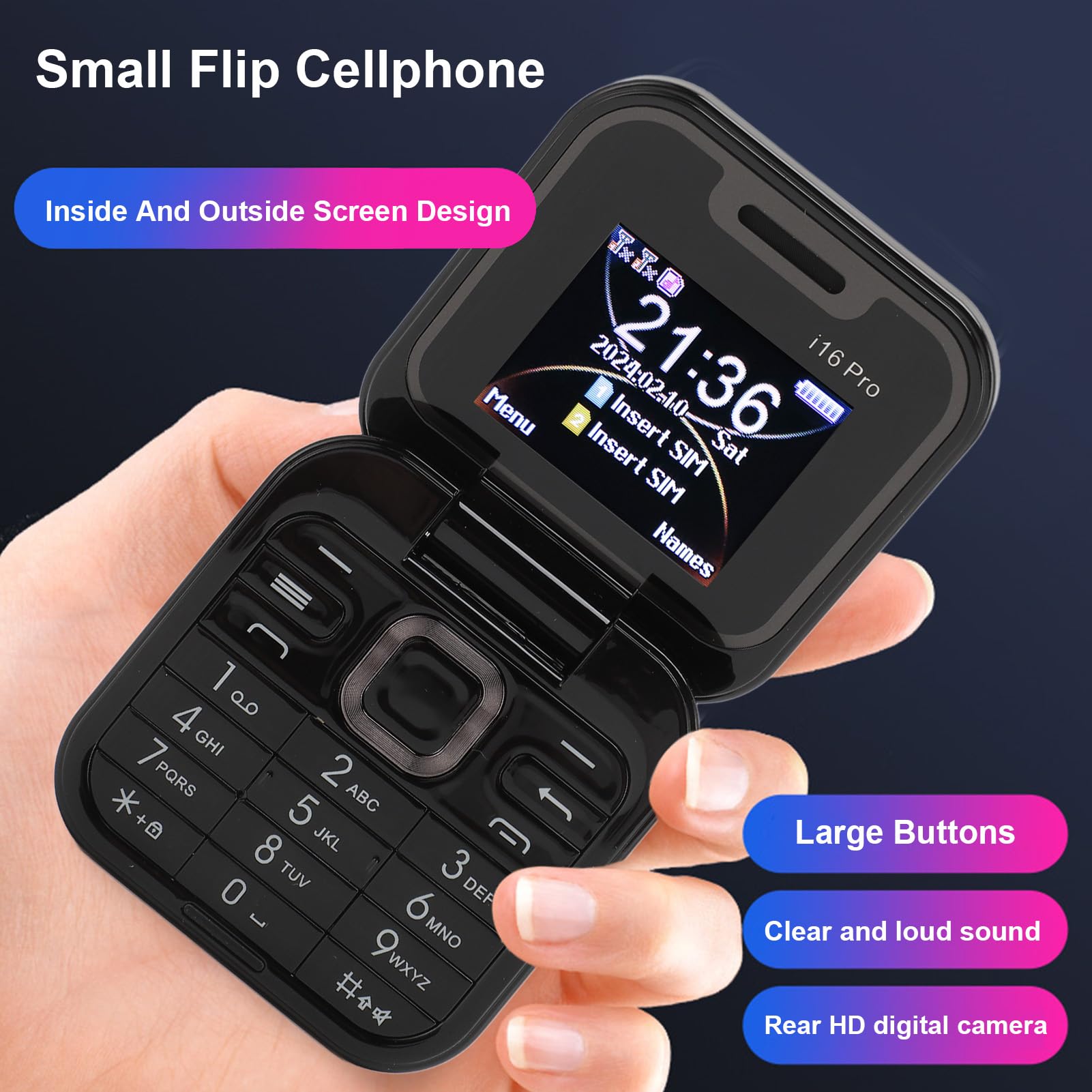 SOYES I16pro 2G Teléfono con Tapa Desbloqueado, Doble SIM, Teléfono Celular con Tapa con Botón Grande para Personas Mayores y Niños, Teléfono Móvil Básico de Bolsillo de 16 GB