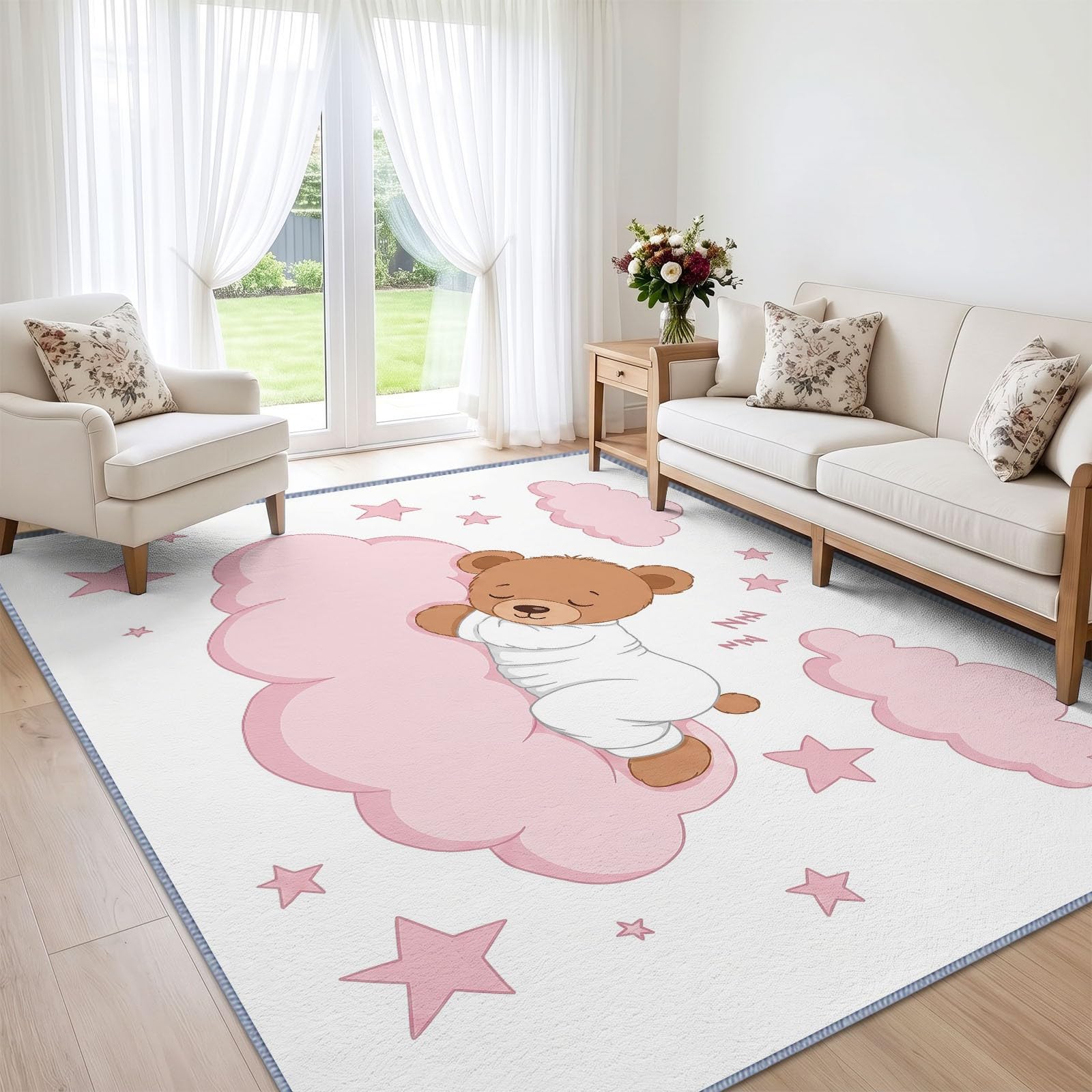 Tappeto per soggiorno con cartoni animati, 120 x 170 cm, motivo a forma di orsetto rosa, nuvola rosa, lavabile in lavatrice, antiscivolo, design moderno, a pelo basso, stampato, per bambini e animali
