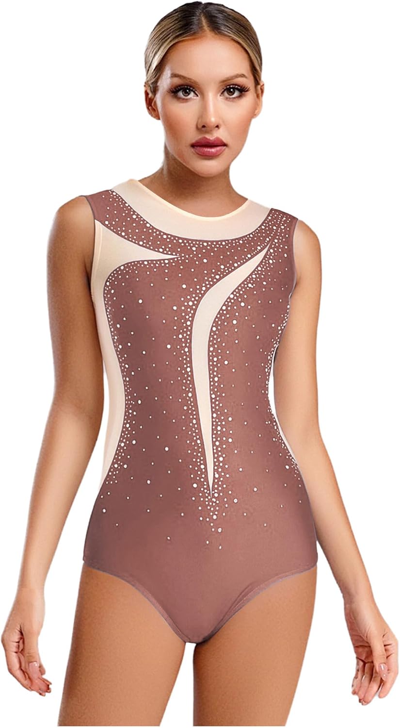 Womens Gymnastics Leotard One Piece Sleeveless Back Hollow Out Bodysuit Dance Costume
