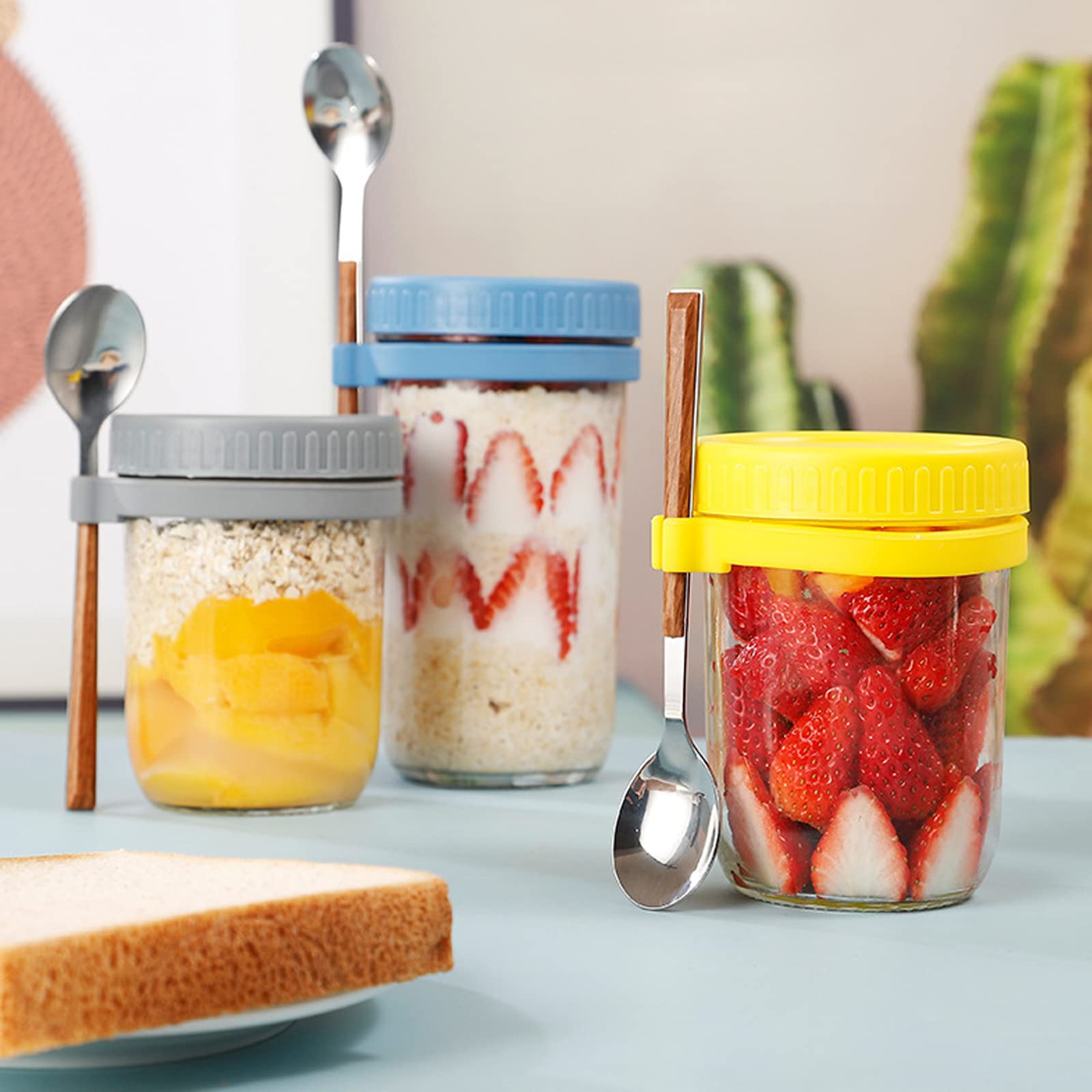 Overnight Oats 4 szklanki do owsa, z pokrywką i łyżeczką, szklane słoiki na przetwory na nocleg, na musli, owoce, warzywa, mleko, sałatkę, jogurt, posiłki (600 ml)