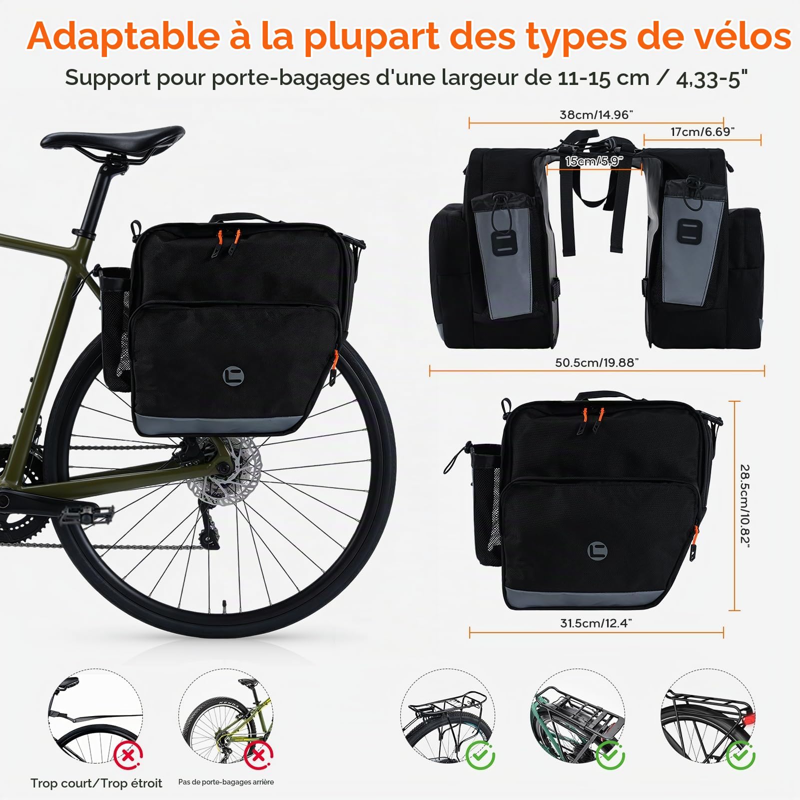 30L Sacoche de Vélo Porte-Bagage Réfléchissant Sacs Porte Bagages Arrière Imperméable Sac de Vélo Double 1680D Nylon Sac de Selle de Vélo Multifonctionnelle pour Cyclisme Excursions Commuting