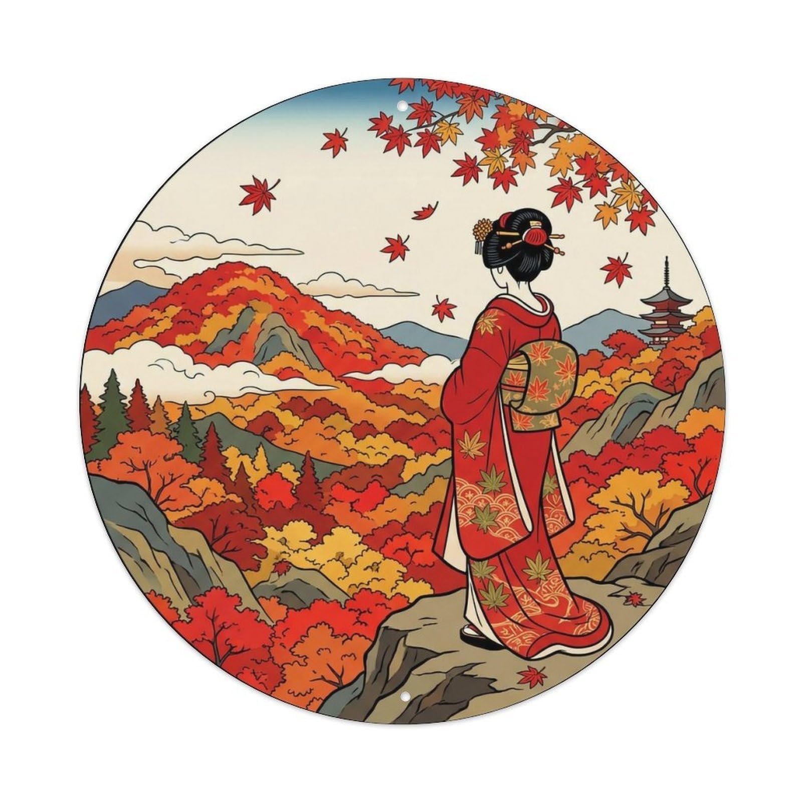 Japanese Geisha Red Maple Mountain Autumn Foliage Metal Tin Sign