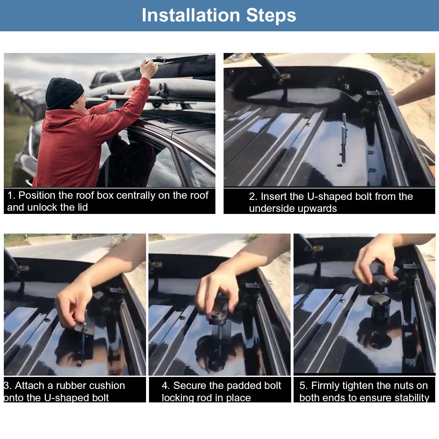 Erato Kit de fixation coffre de toit de 4 supports universels en U robustes colliers de serrage 8 contre-écrous et 2 bandages accessoires d'installation pour barres de toit voiture SUV fourgonnette
