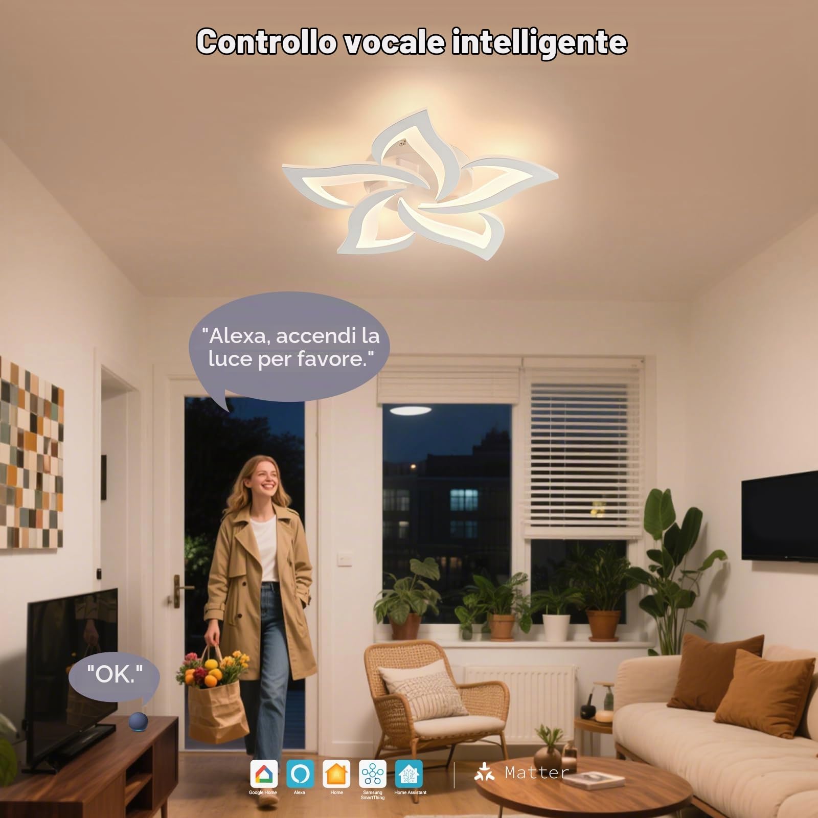 Smart Plafoniera Led soffitto stile Moderno, Dimmerabile Lampadario Camera da letto con Telecomando, 23 W Alexa/Google/HomeKit (63 * 8cm)