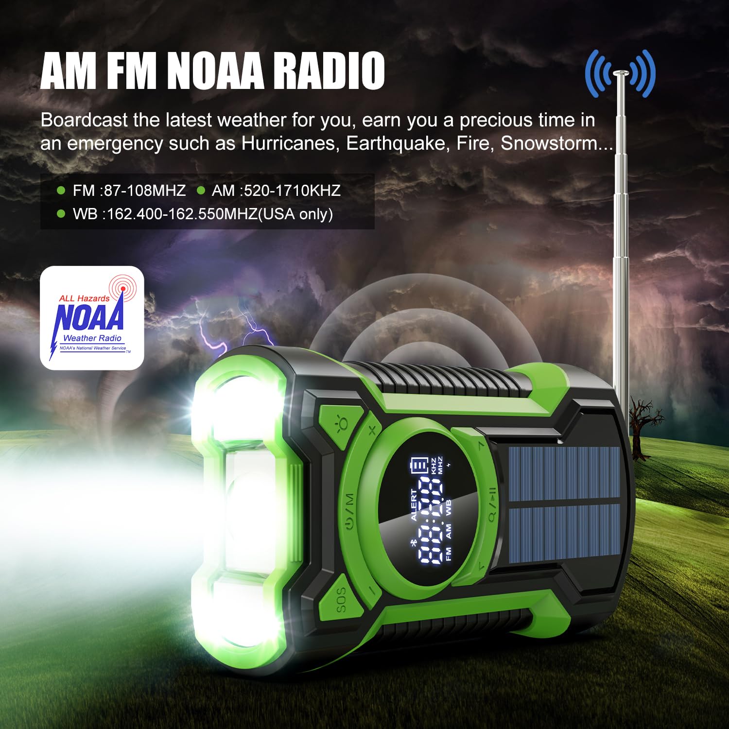 Radio di Emergenza 5000 mAh, Solare Impermeabile Bluetooth, Power Bank a Manovella con Torcia LED SOS