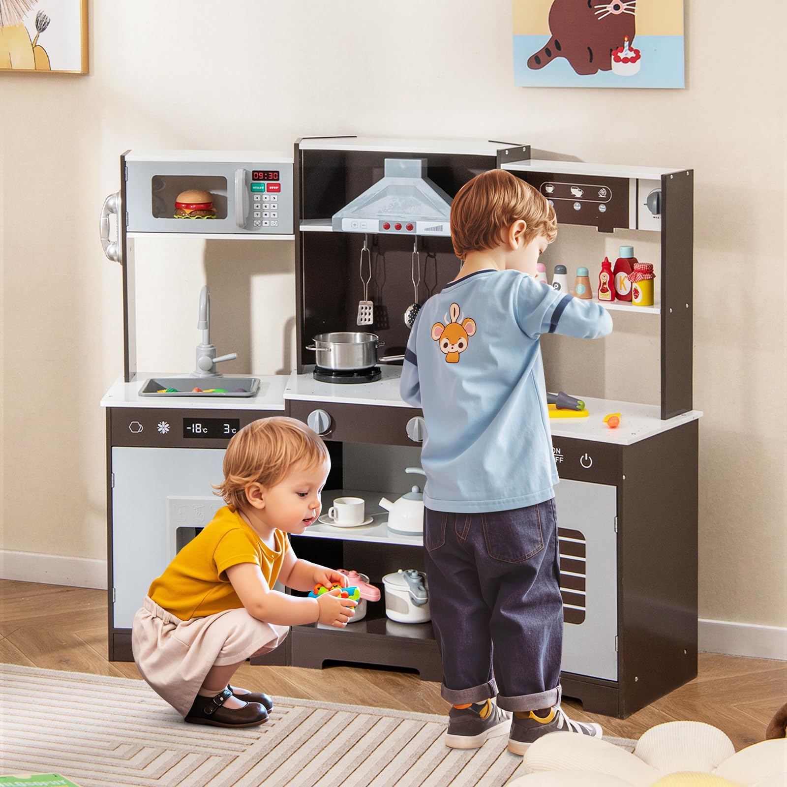 HOMASIS Kinderküche mit Licht & Sound, Eck Spielküche mit Zubehör, Küchenset mit Spüle Wasserhahn Mikrowelle Ofen Eismaschine, Spielzeugküche Holz, Küchenspielzeugset für Kinder ab 3 Jahren (Braun)