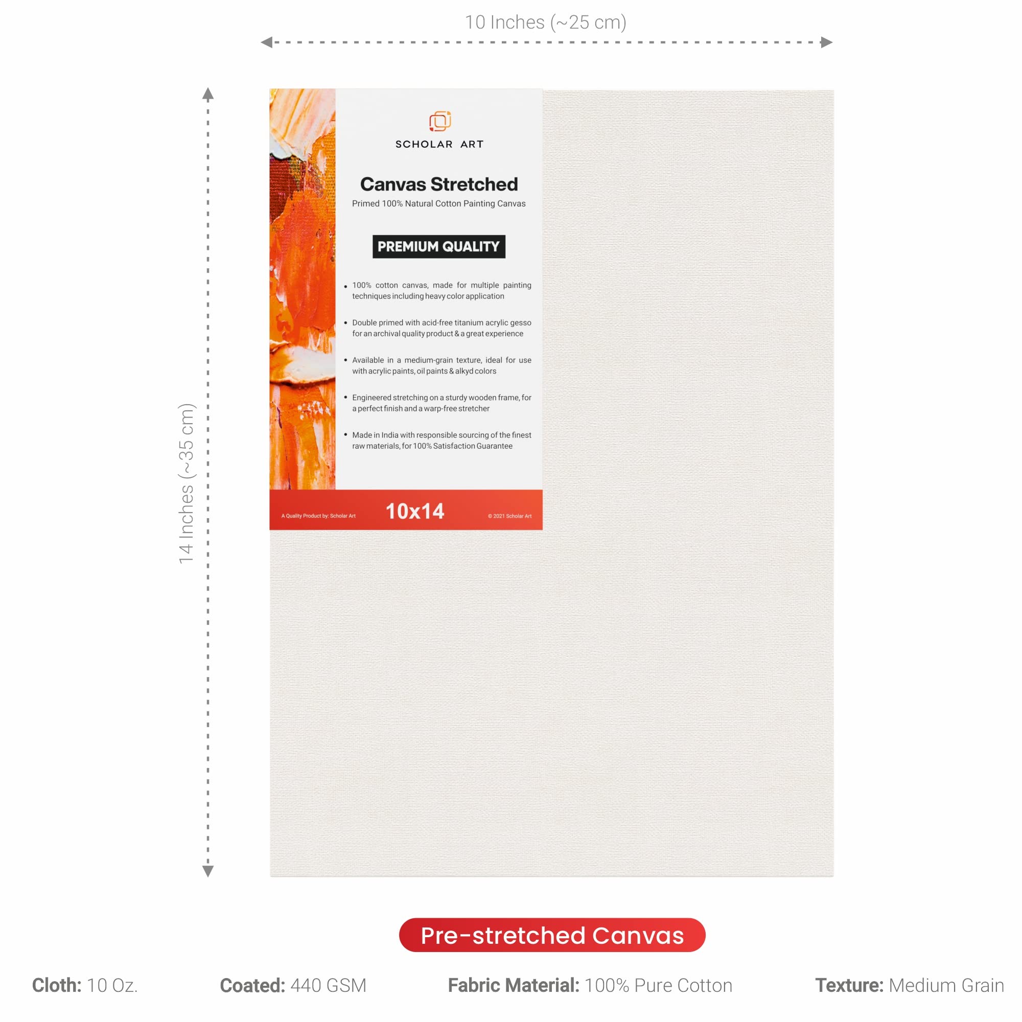 Scholar Art® Artist Standard Series 10 Oz (440 GSM) 100% Cotton Pre-Stretched Canvas with Wooden Frame 18x40 mm | Primed Canvas Stretched for Oil & Acrylic Painting | 10"x14" (25x35 cm), Pack of 2