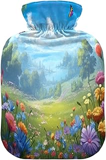 Wajiw Hot Water Bottle with Cover 1L Warm Water Bottle for Hot and Cold Compress Hot and Cold Therapies,Hand Feet Warmer,Flower Field