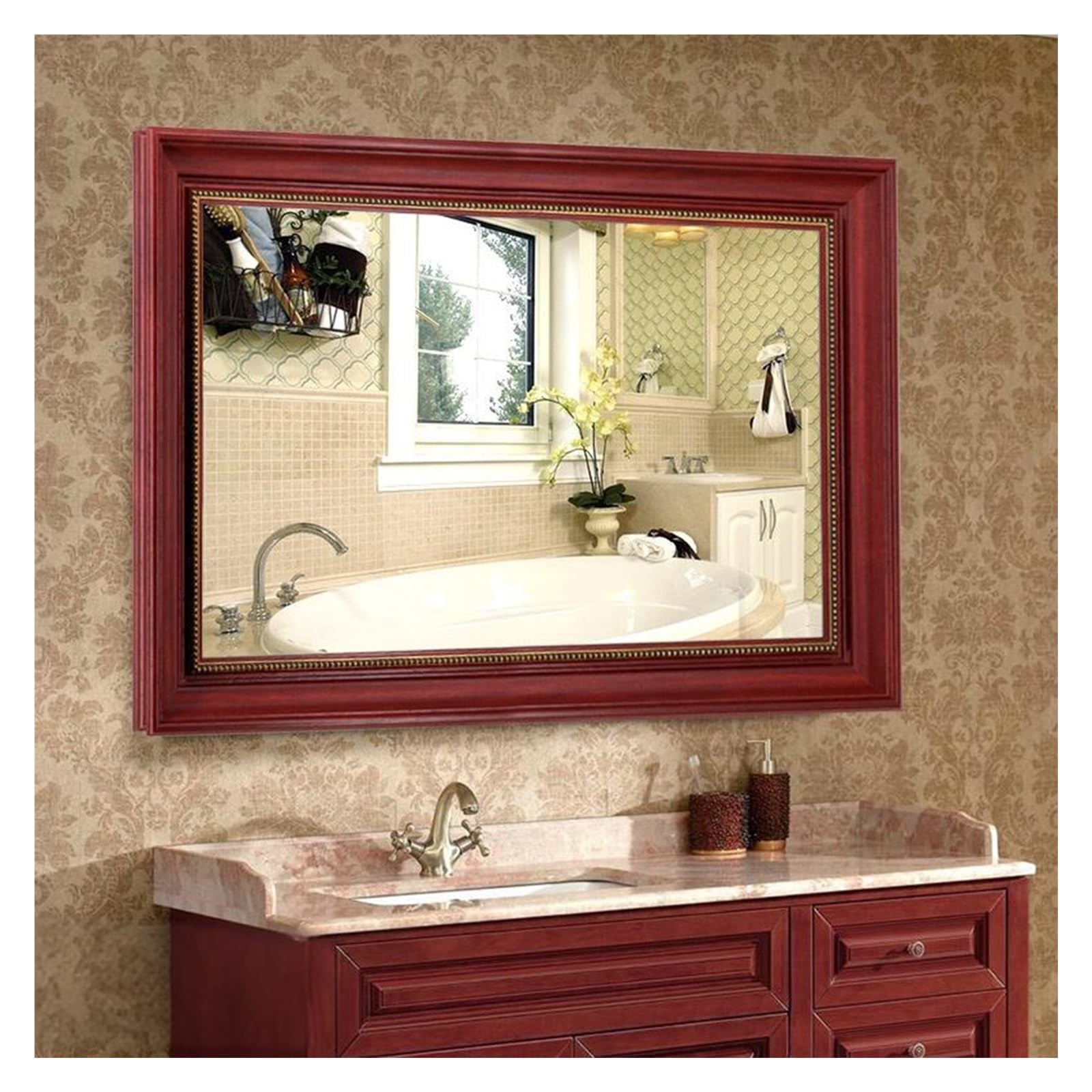 BKSXSOP Retro Wooden Frame Bathroom Mirror - Wall-Mounted Antique Design for Makeup & Shaving 60x80cm (23.6x31.5in) Stylish Home Decor Hallway (Red)