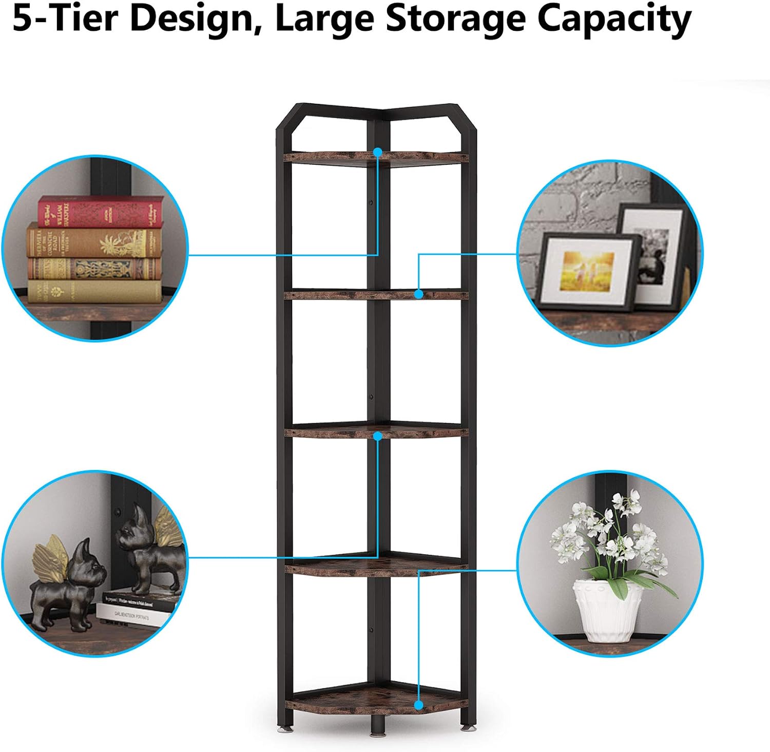 Tribesigns Corner Shelf, 5 Tier Corner Bookshelf and Bookcase Rustic Corner Storage Shelving Unit Indoor Plant Stand for Living Room, Home Office, Small Space (Brown)
