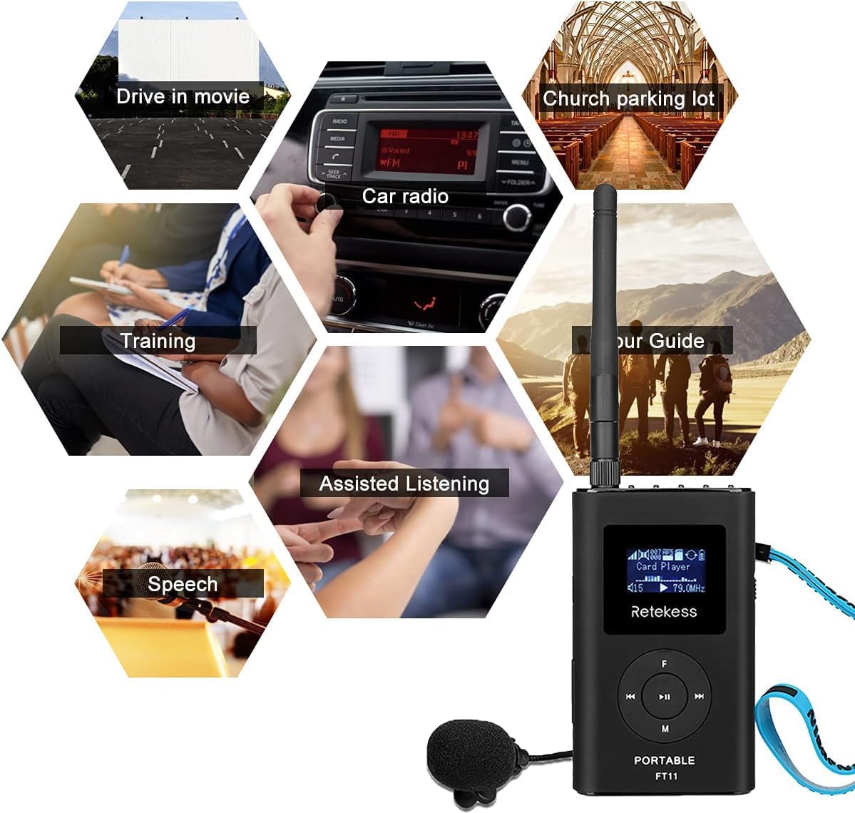 Retekess FT11 FM Transmitter, Portable FM Broadcast Transmitter with MIC and 10 PR13 FM Radio Receiver, for Church, Drive-in Movie, Parking Lot