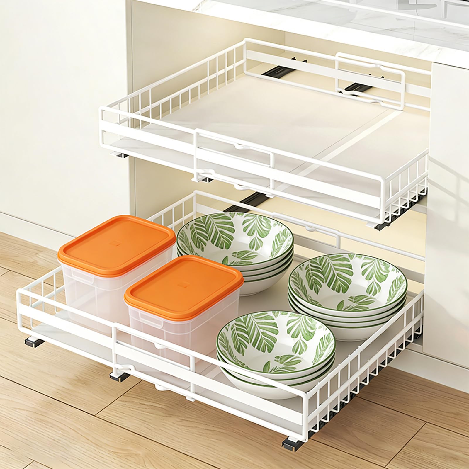 HUOLE Przechowywanie pod zlewem, organizer kuchenny, półka, uchwyt na przyprawy, metalowy przesuwny kosz do przechowywania, do kuchni, łazienki, sypialni (31-49 cm i 32-51 cm) biały)