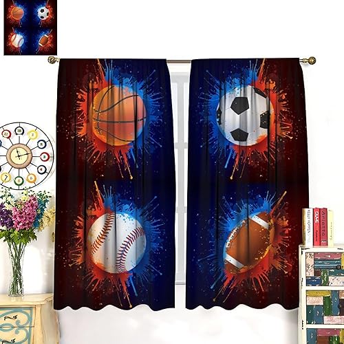 Vista 175 de Boys Sports Curtains Basketball Football Baseball Flame Pattern Printed Curtains Kids and Teenagers' Bedroom Living Room Blackout Curtains W42 * L54