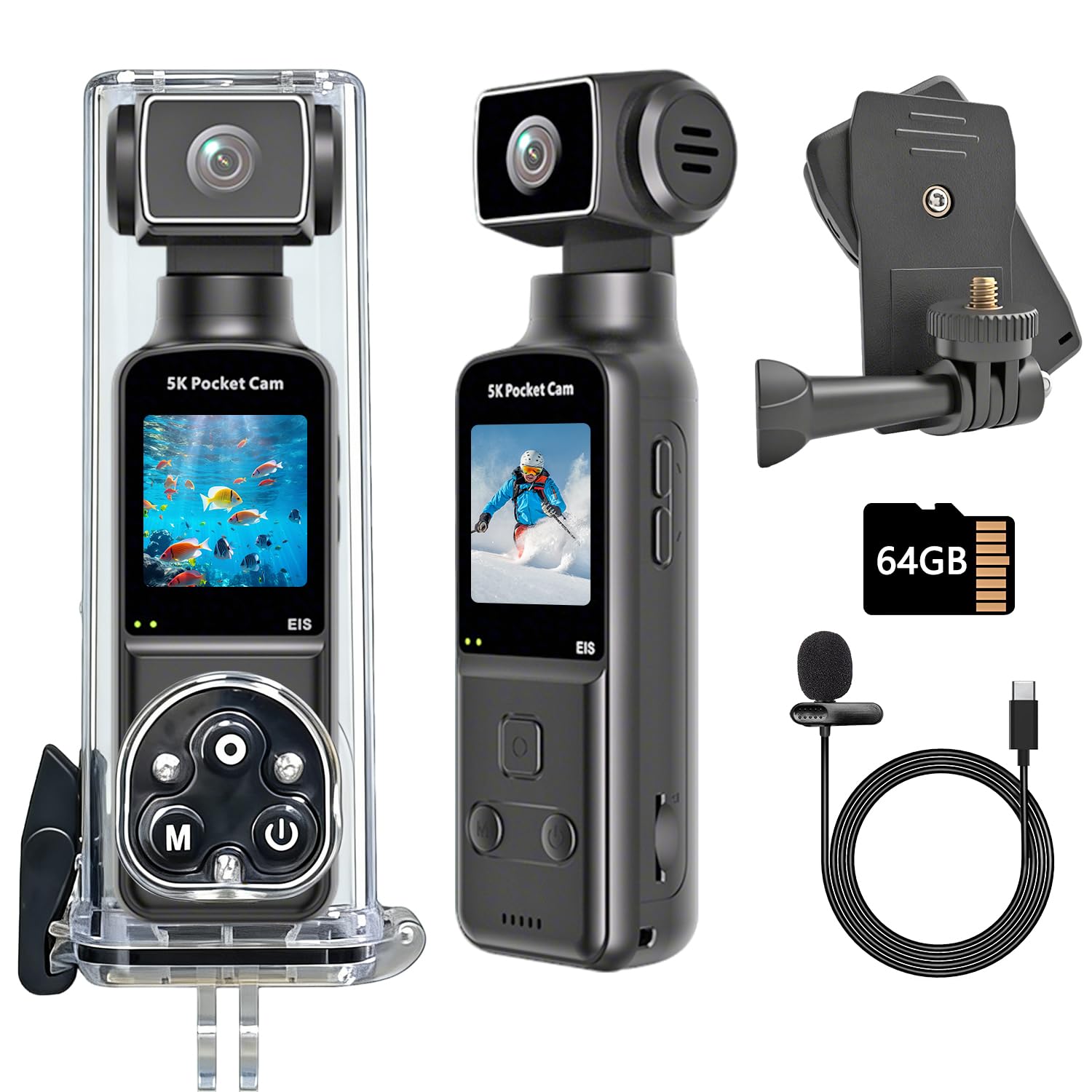 5K Body Camera, Action Vlogging POV Cam with 270° Rotatable Lens, Mini Portable Underwater Camera with Clip and Waterproof Case