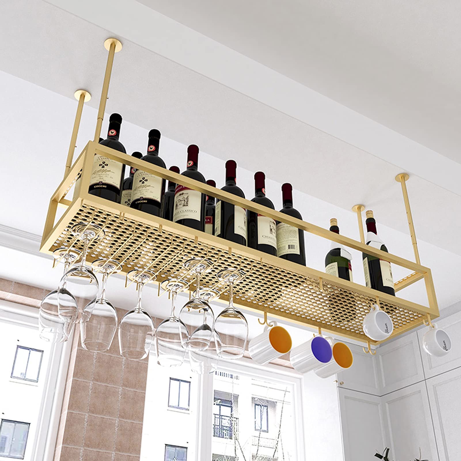 Porte-verre à vin suspendu doré et réglable pour plafond