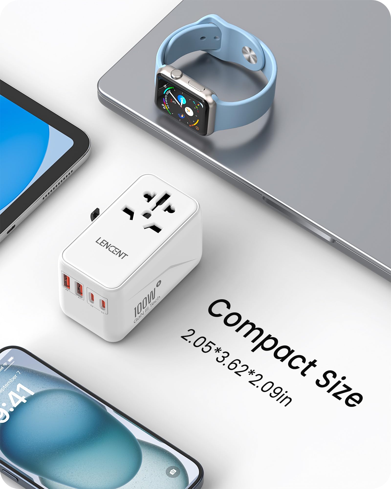 LENCENT GaN3 100W Adattatore Universale da Viaggio, Caricatore Internazionale con 2 USB QC4.0 e 2 USB-C PD3.0 PPS Ricarica Veloce, Caricabatteria Mondiale per Telefono, Adattatore Spina USA/UK/EU/AU