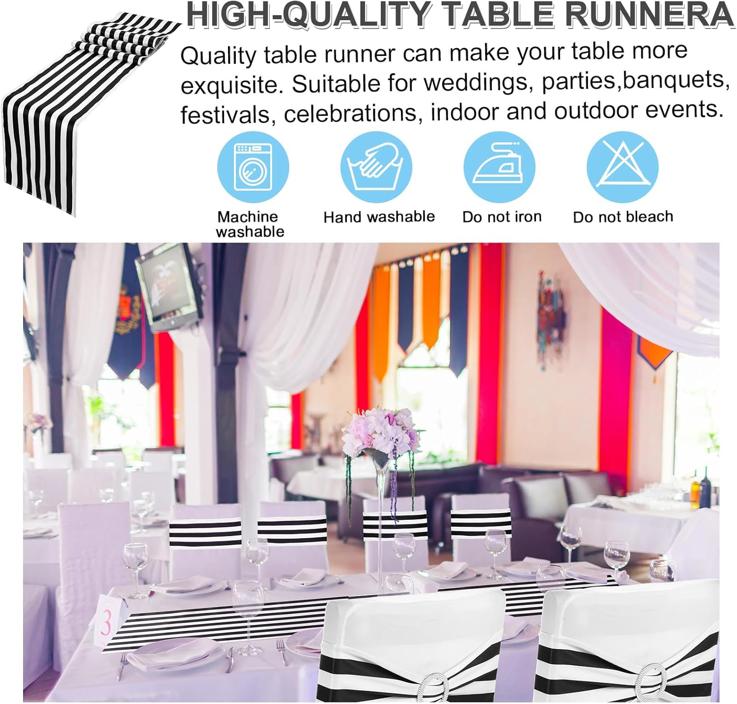 Newwiee 54 Pcs Stretch Chair Sashes with Table Runners, Classic Black and White Chair Bows Sashes Fringe Table Runner for Party Wedding Reception Banquet Decorations(Black and White Stripes)