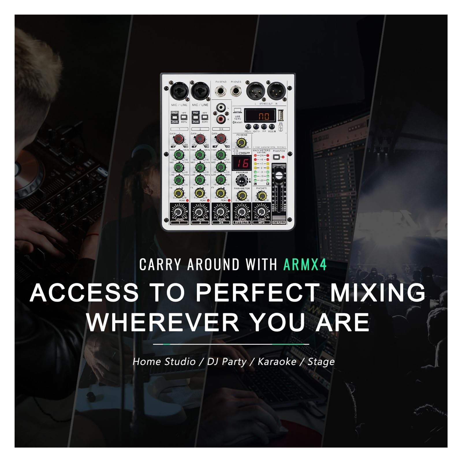 Mixer Audio A 4 Canali, Mixer DJ Con Interfaccia Audio USB, Funzione Bluetooth, 16 Effetti Ed EQ A 3 Bande