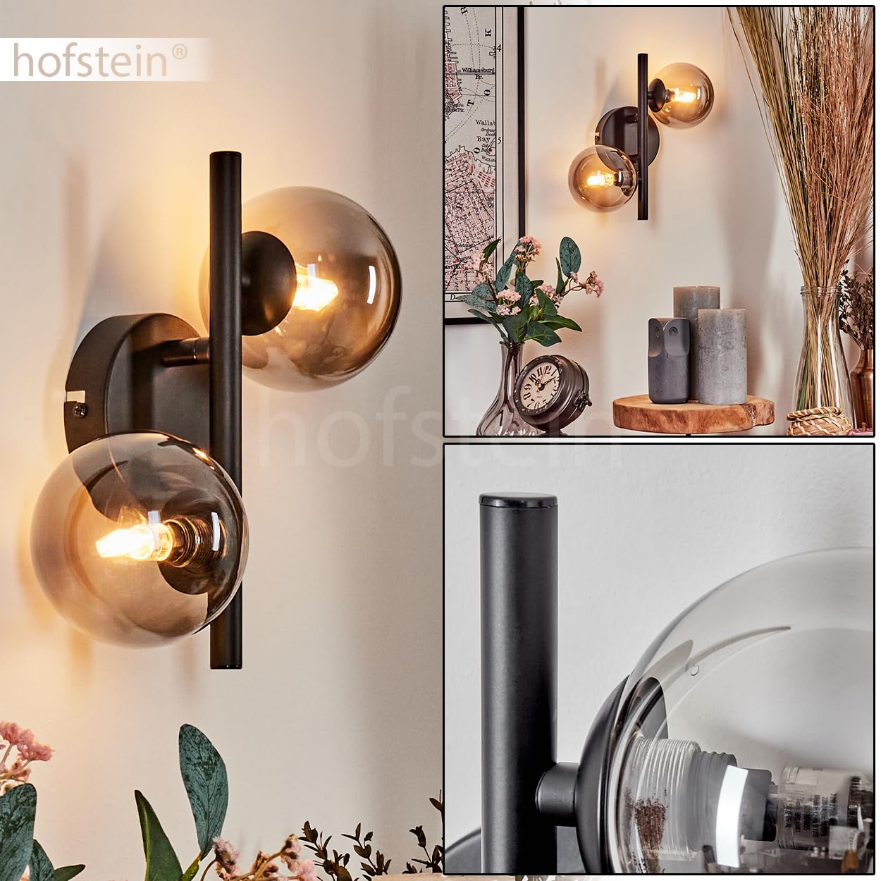 Wandleuchte Chehalis, Wandlampe aus Metall/Glas in Schwarz/Rauchfarben, Leuchte im Retro/Vintage-Design mit Schirmen aus Glas (Ø 10 cm) u. An/-Auschalter am Gehäuse, 2 x G9, ohne Leuchtmittel