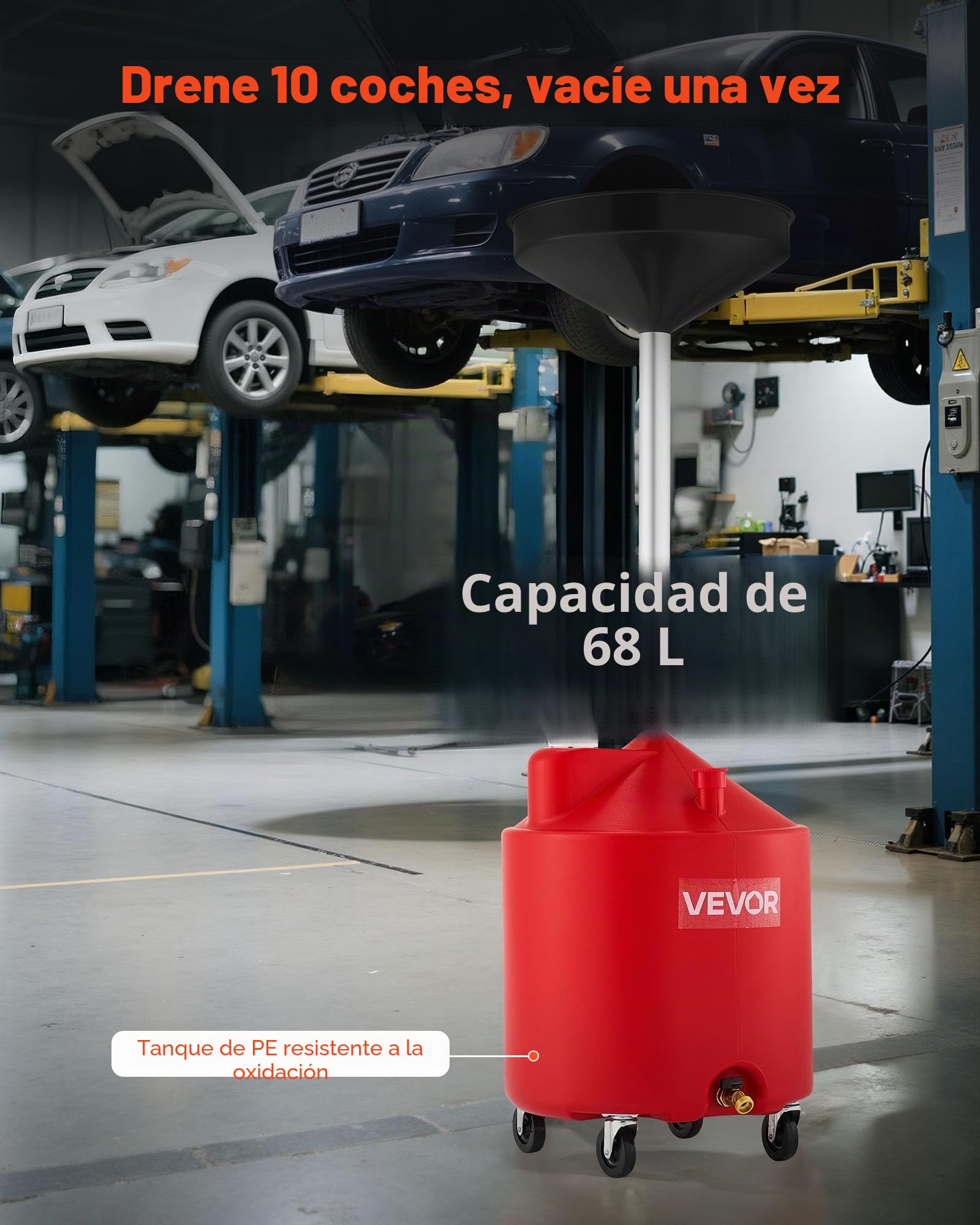VEVOR Tanque de Drenaje de Aceite Usado, Drenaje de Aceite Portátil de Plástico de 68 L con Embudo Ajustable y Ruedas, Drenador de Combustible para Taller de Reparación de Coches, Industria, Rojo