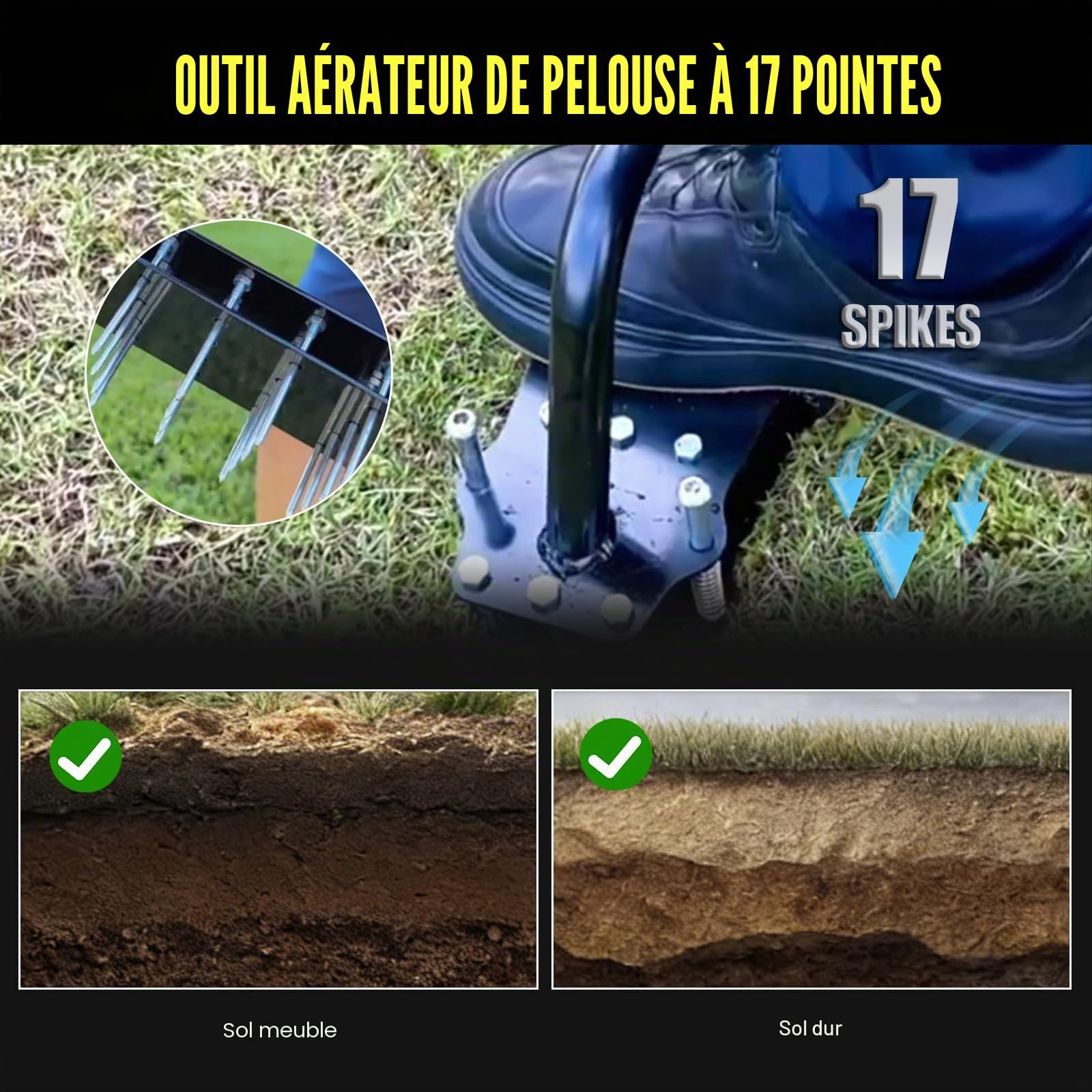 Outil manuel d'aération de gazon, outil d'aération de gazon à 17 pointes assistées par ressort avec nettoyage automatique de la terre et des feuilles, assouplisseur de sol avec gants et pédale