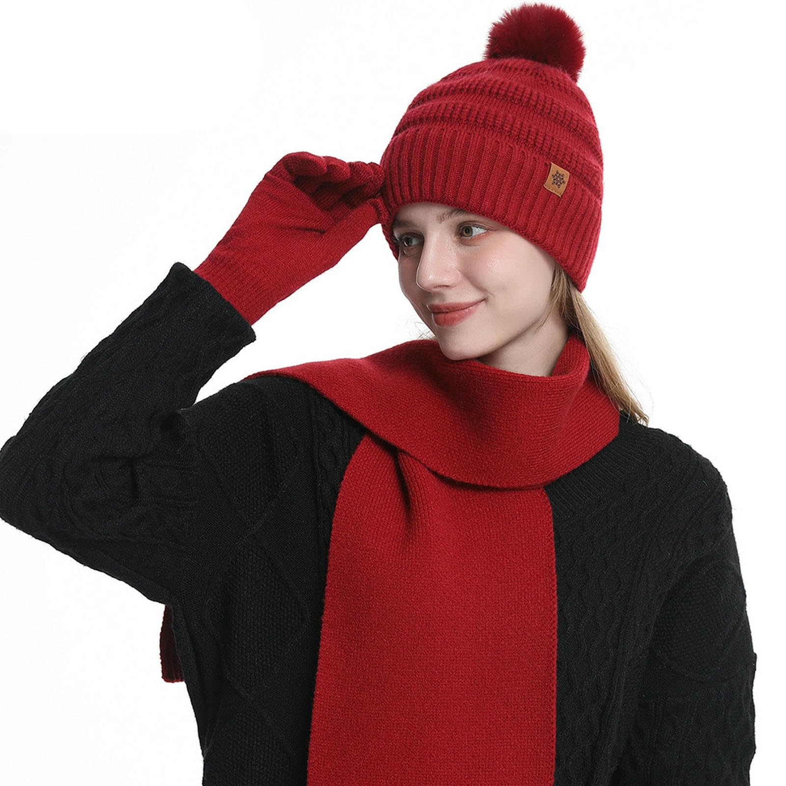 Set Cappello Sciarpa Guanti Invernali Cappello, E Lavorati A Maglia Autunno Inverno - Tinta Unita Calda Doppio Strato-Completo Tre Pezzi Nero