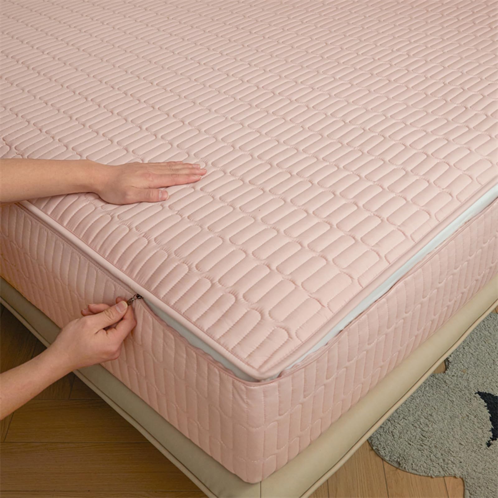 Zipped Quilted Mattress Protector Single Bed 90x190 Customizable Five-sided Quilted Mattress Cover Double/King Zip Up Bed Sheets Breathable Mattress Encasement Topper Fitted Sheet(80x190+25cm,Pink)