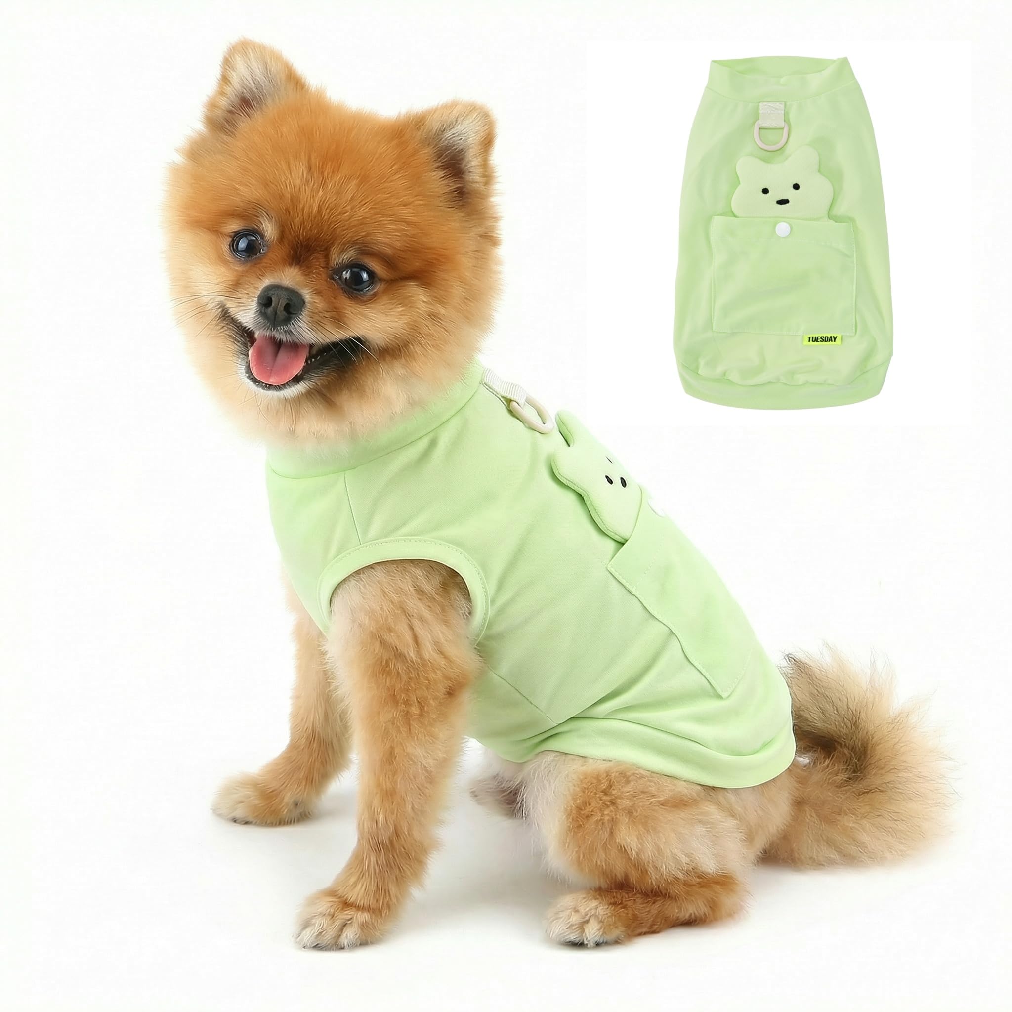PAIDEFUL Cooling Dog Shirt with Leash Ring & Bear Treat Pocket, UV Sun Protection Mesh Puppy Vest, Lightweight Breathable Stretchy Cat Apparel, Sleeveless Summer Tank Top for Small Dogs,Green,XXL