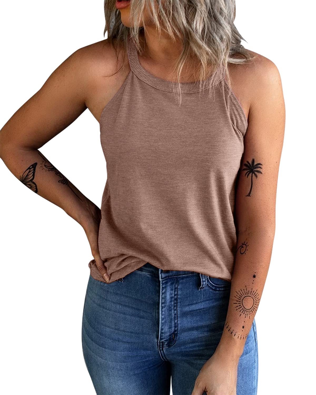 KINLONSAIR Women's Summer Sleeveless Halter Tee Shirts Crew Neck Workout Tank Tops Casual Plain Cami Shirts