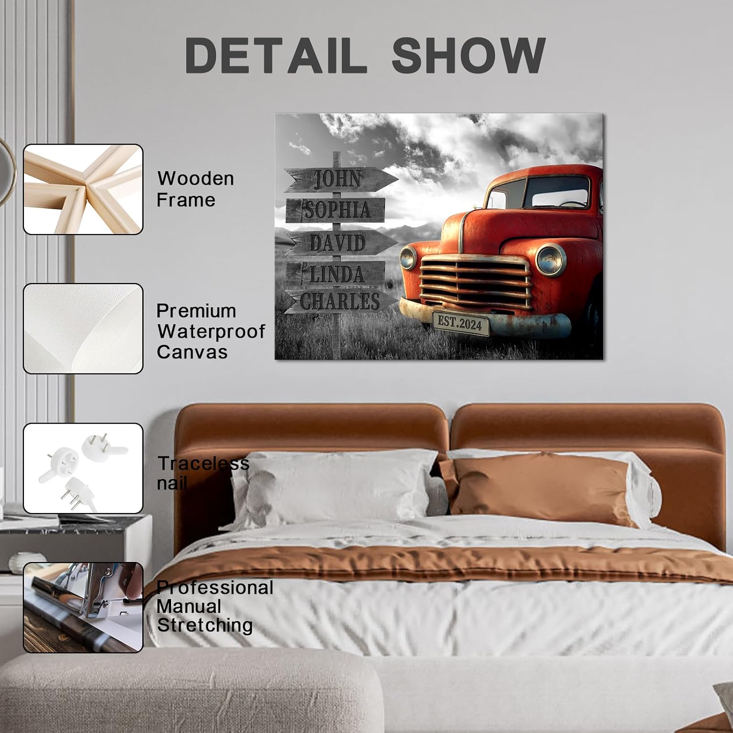 iLOOKLiKE Personalized Street Sign with Family Name Wall Art Decor Red Old Truck Prints Painting Black and White Picture Custom Multi Name Artwork Gifts for Home Farmhouse Decor