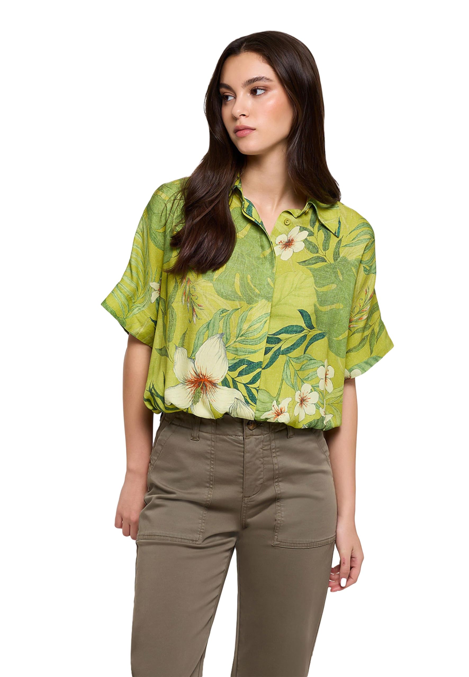 KOALA BAY | Leafiros | Camisa Mujer Verde Estampado Tropical | Blusa Manga Corta Fluida | Camiseta Botones Verano | Estilo Casual Fresco Moda