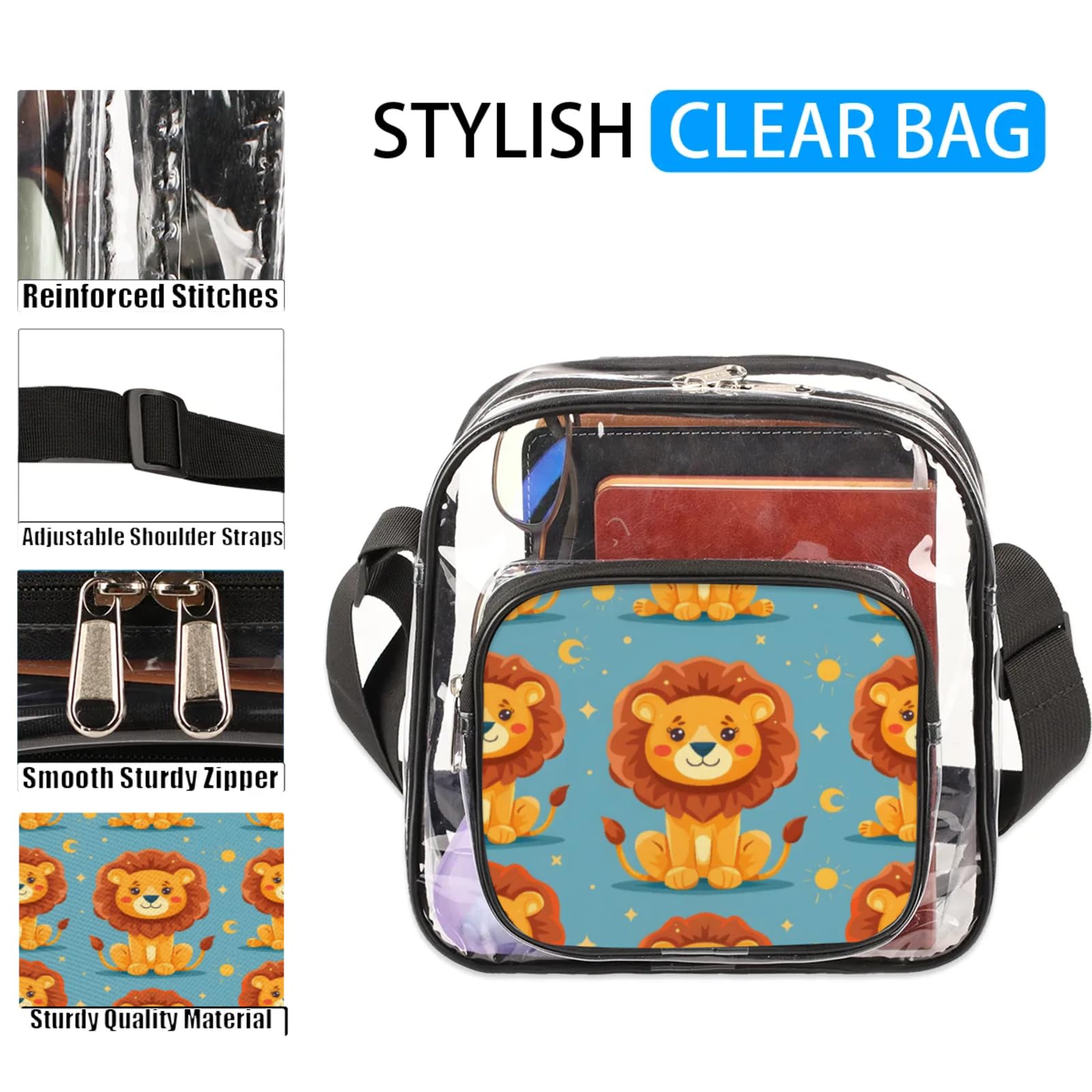 Clear Crossbody Bag Stadium Approved Cartoon Tiger Transparent Bag for Festivals, Sports Events, Concerts,Beach Bag for Women Men Clear Purse with Front Pocket Messenger Bag with Adjustable Strap