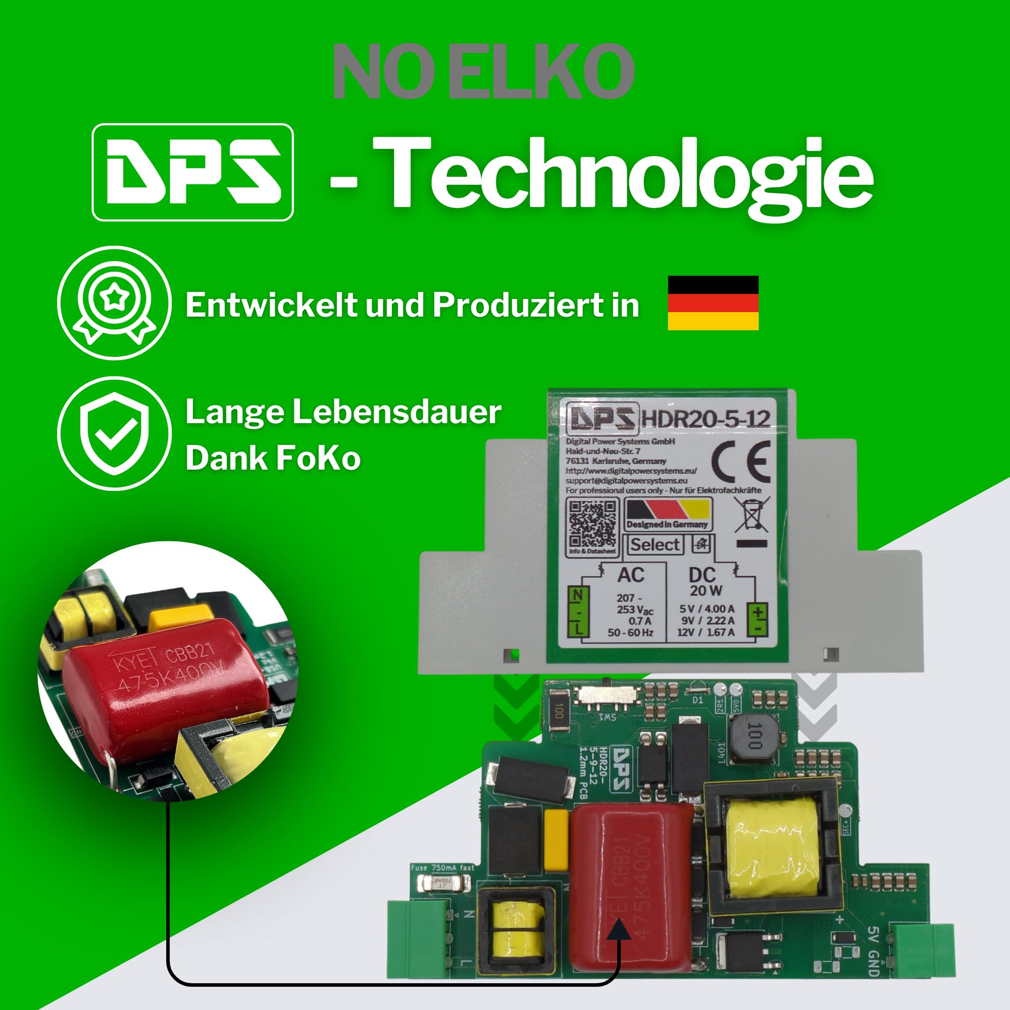 DPS – Hutschienen Netzteil 5V | 9V | 12V - 20W 230Vac Power Supply Trafo HDR20 Umschalter 5V | 9V | 12V AC NoElko Stromversorgung Industriequalität