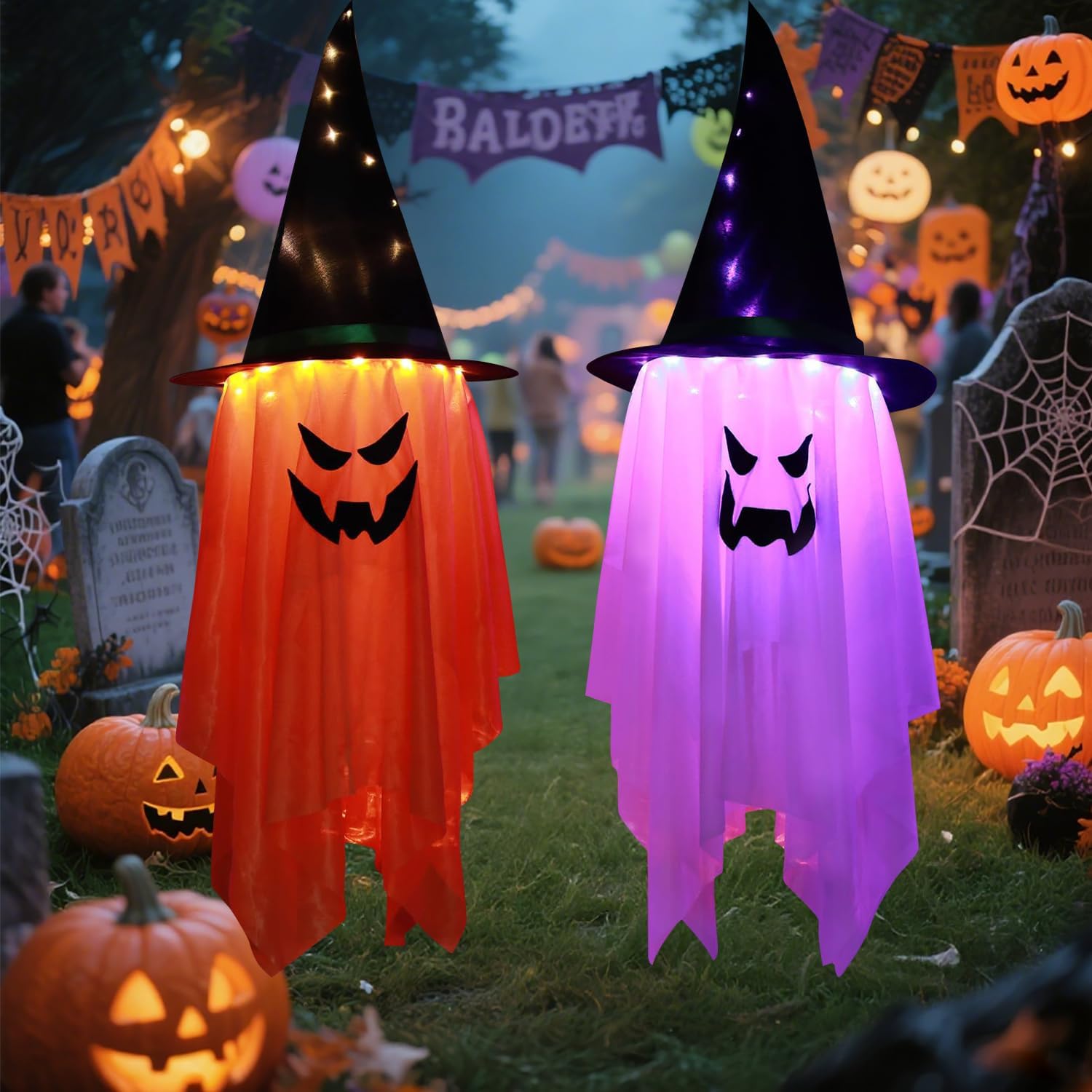 2PCS Halloween Decorations, 42"x14" Glowing Ghost Outdoor/Indoor Lights with 8 Lighting Modes, Waterproof Battery Case for Garden, Yard, Haunted Halloween Party (Large Standing Ghost)