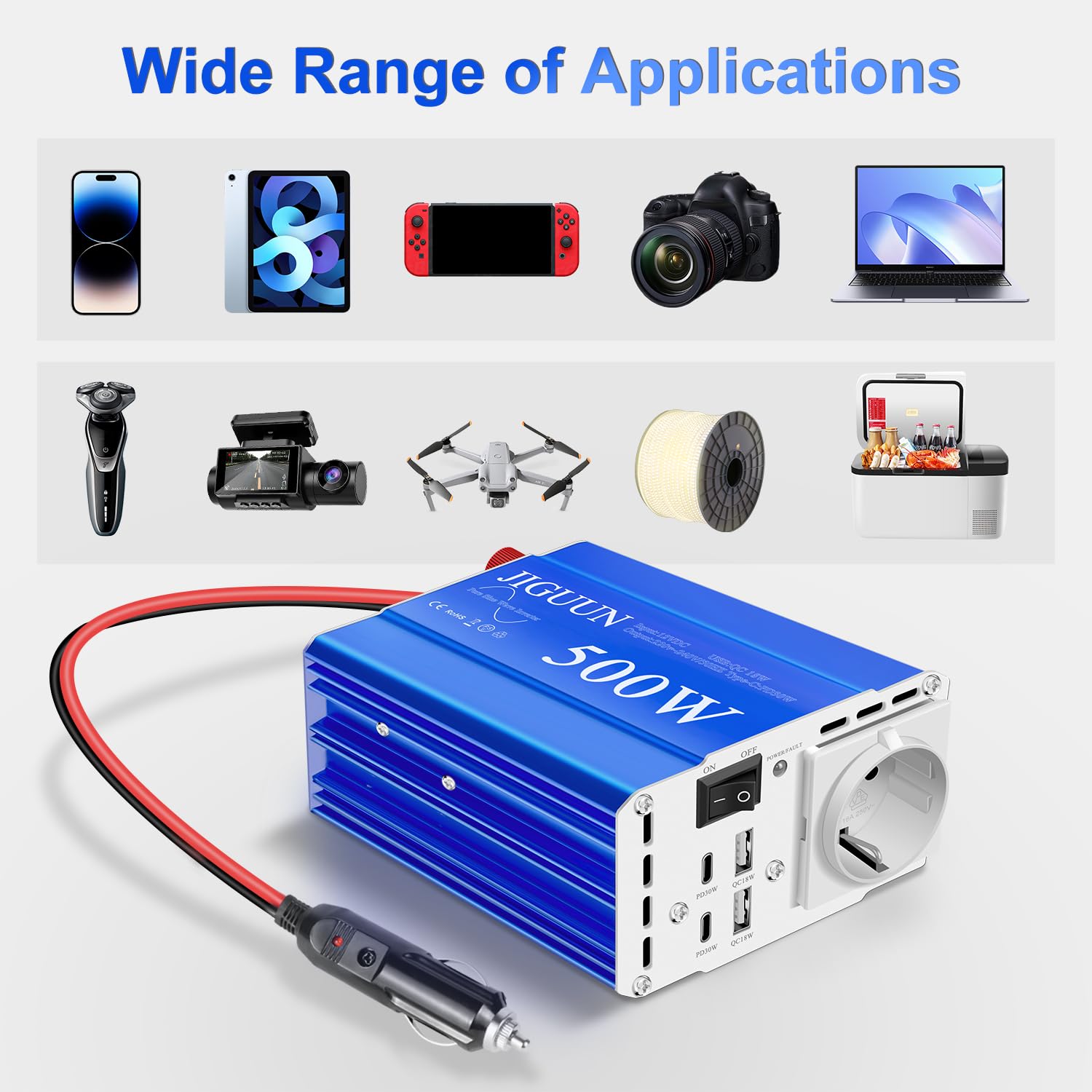 JIGUUN 500W Inversor 12V 220V Onda Pura Convertidor Inverter | Potencia máxima 1000W con 1 enchufe EU 2 puertos USB 2 puertos tipo C 30W para coche, camping, viajes y emergencias