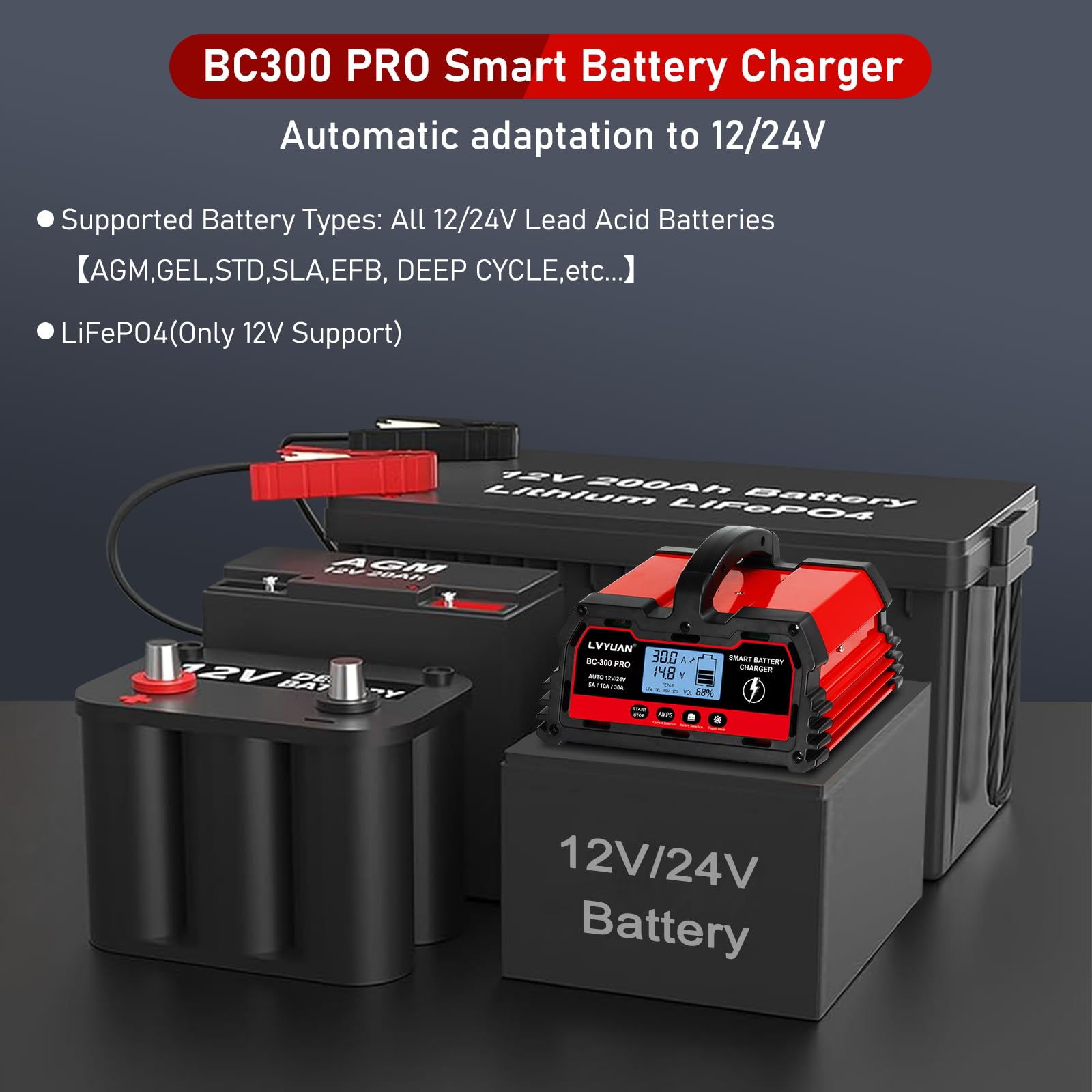 LVYUAN Caricabatterie intelligente per auto da 30 Amp, caricabatterie per auto da 12 V/24 V, batteria al piombo LiFePO4 con display LCD, caricabatterie per tosaerba, moto, AGM, STD, Gel, EFB, ecc