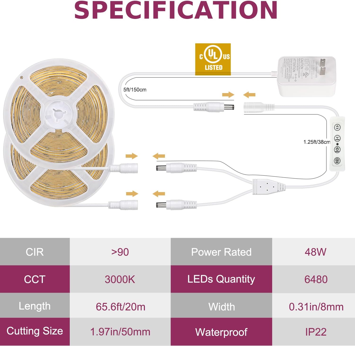 COB LED Strip Light Warm White, 66ft Dimmable 3000K Super Bright White Led Lights with Remote and UL Power Supply, 24V Flexible LED Tape Light for Bedroom, Kitchen, DIY Lighting (2 Rolls of 33ft)