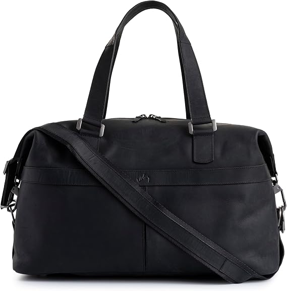 Black Top Grain Leather Duffle Bag for Men & Women - Large, Durable, Leather Travel Bag with Adjustable Shoulder Strap, Spacious Design for Weekend Getaways & Business Trips