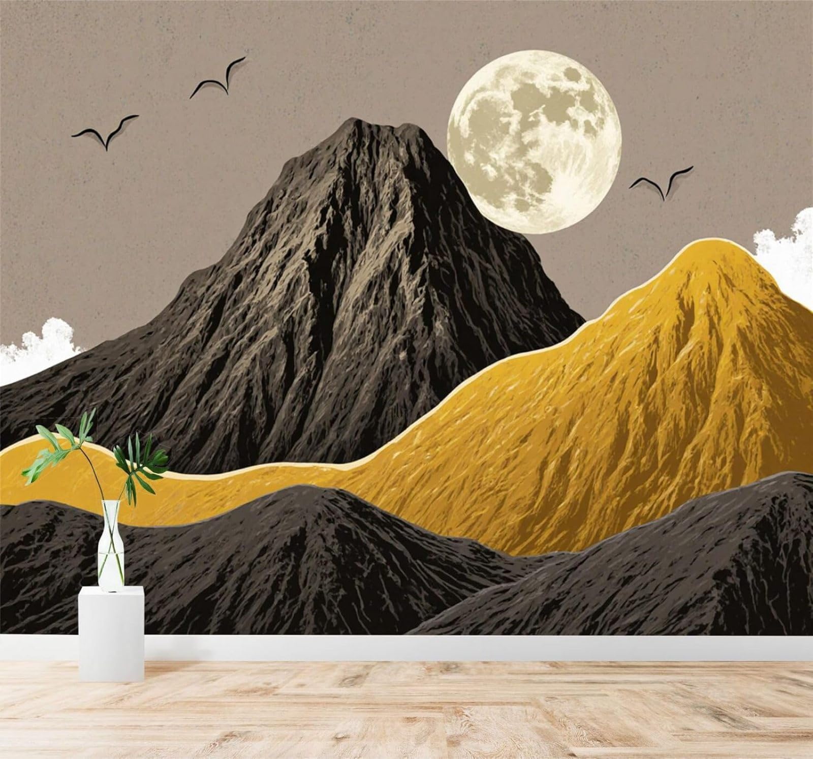 Tzxztt Gold Black Mountains Full Moon Birds Landscape Modern 3D Wallpaper Premium Textured Silk Neutral Tones Material Ideal for Living Room Bedroom-350cm×256cm