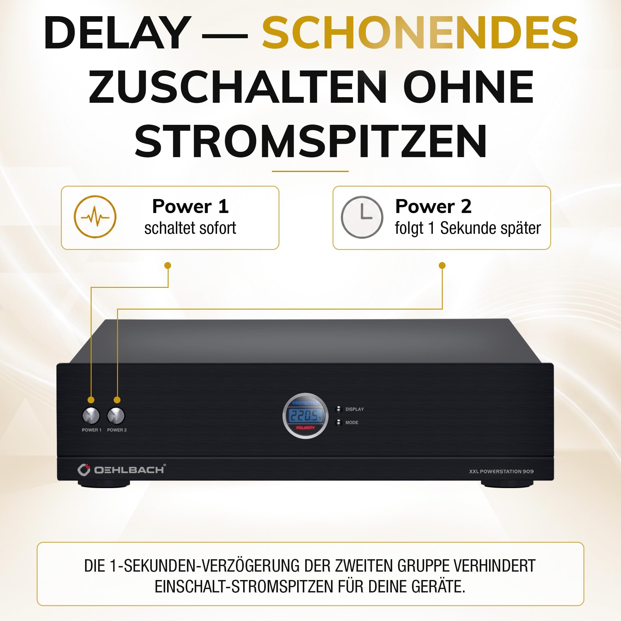 Oehlbach Powerstation 909 - Mehrfachsteckdose mit Stromfilter, Überspannungsschutz, 8 Anschlüsse, Delay-Funktion, High-End-Verarbeitung für HiFi & Heimkino, Schwarz