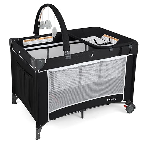 Miniatura 11 de BABY JOY 3 en 1 Pack and Play, cuna de viaje para bebé, cambiador con cinturón de seguridad, barra de juguetes, ruedas con bloqueo, corral portátil