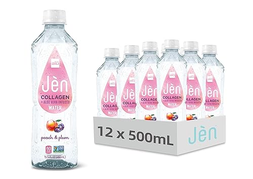 ALO JEN Collagen + Aloe Vera Infused Water, Peach + Plum 15.5 fl oz, Pack of 12 Real Aloe Vera Juice