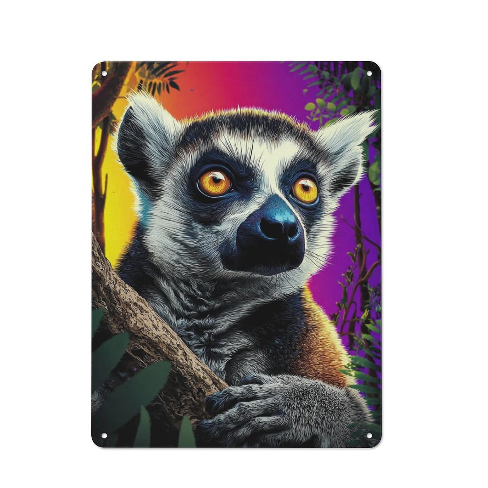 Junmoney Colorful Lemur Portrait -1 Tin Wall Plaque 40X30cm With For Bar Or Restaurant, Suited To Restaurant Interior Fans