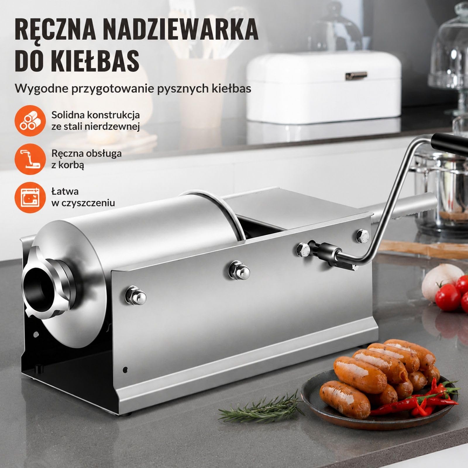 Ręczna pozioma nadziewarka do kiełbas 3 l ze stali nierdzewnej z 5 lejkami do kuchni