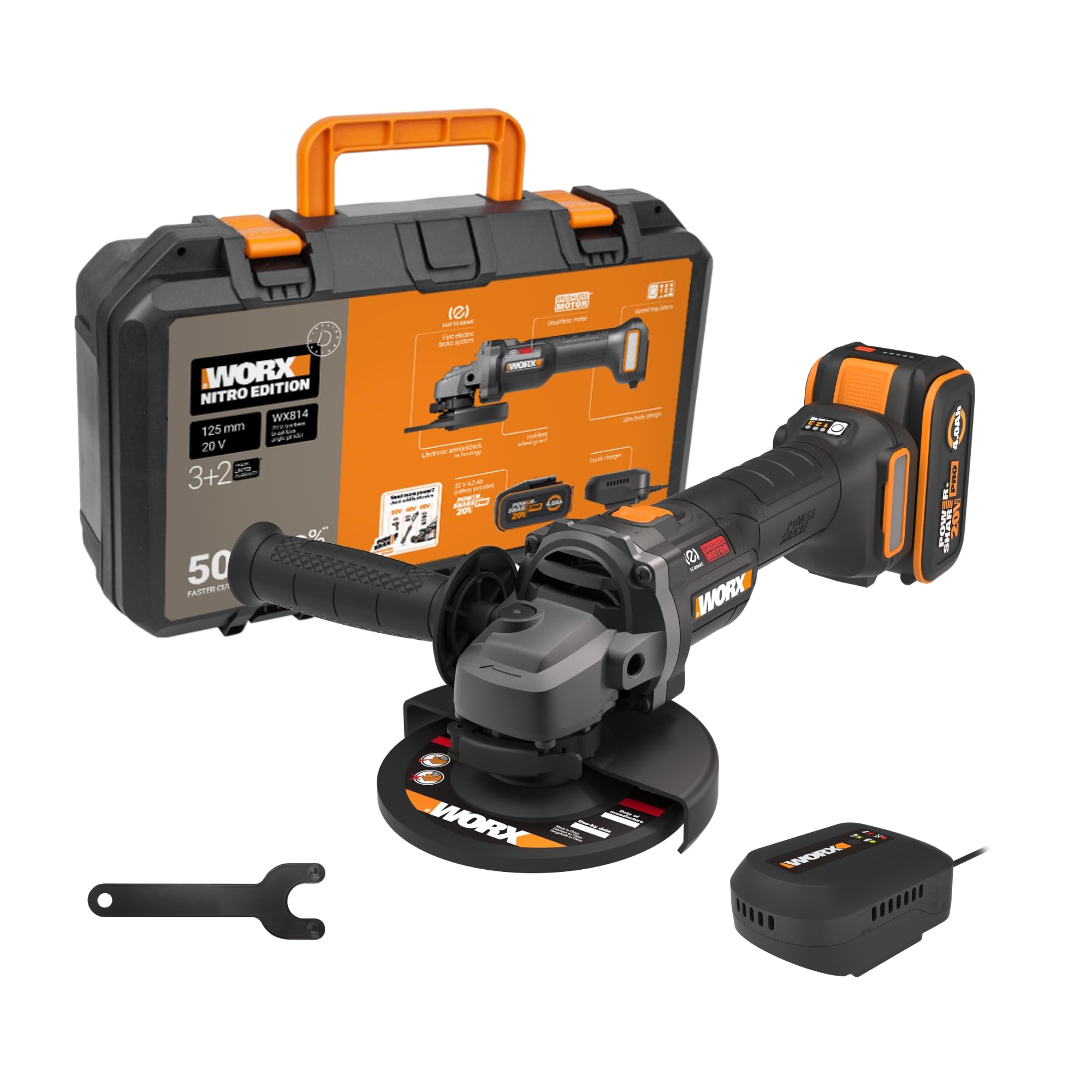 WORX WX814 Amoladora a batería 20V-4Ah, 125mm, corte 50% más rápido, equivalente a 1000W de potencia, batería y cargador incluido, para reparaciones, metal y piedra, uso intensivo.