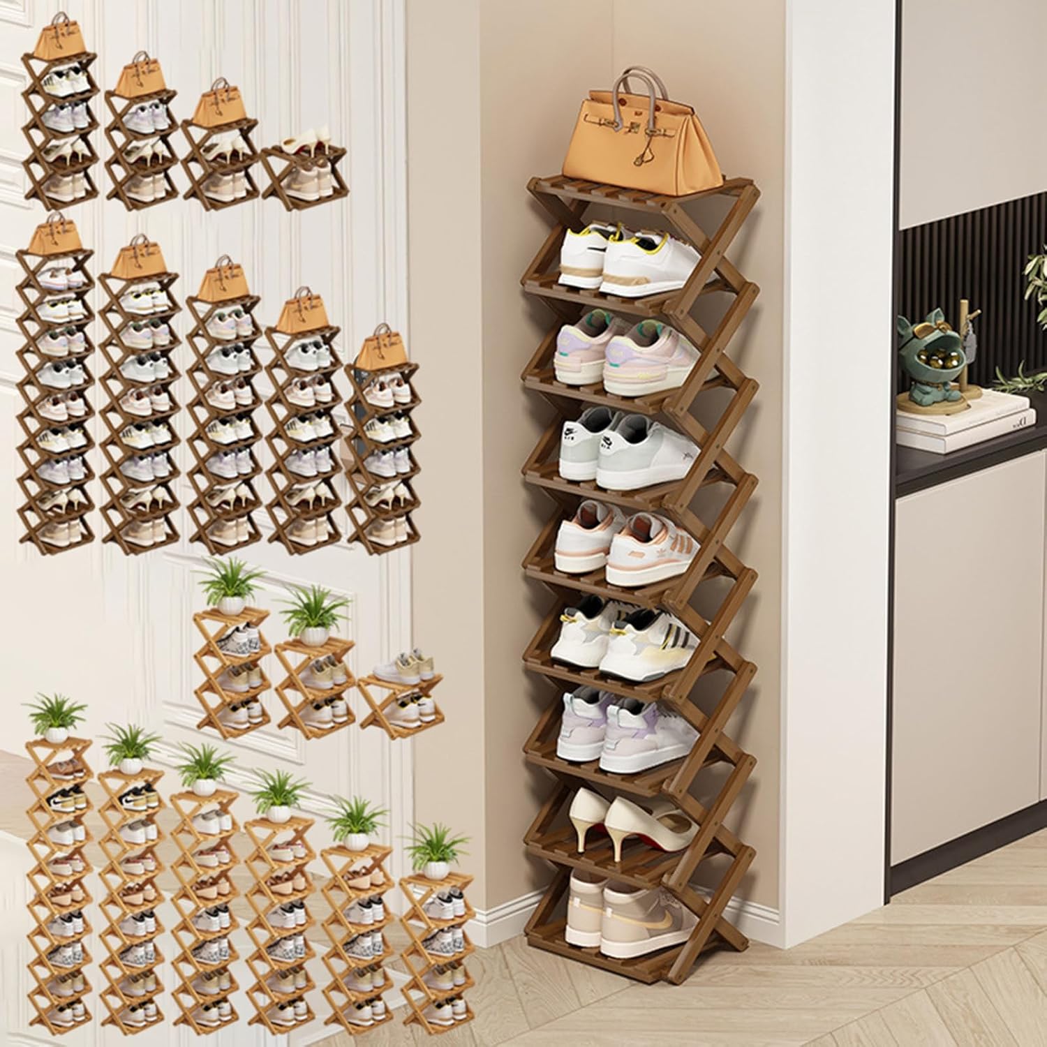 The 9-Tier No-Assembly Bamboo Rack, 2/3/4/5/6/7/8/9/10 Tier Foldable Bamboo Shoe Rack, No Assembly Vertical Shoe Organizer for Small Spaces (Walnut Color, 5)